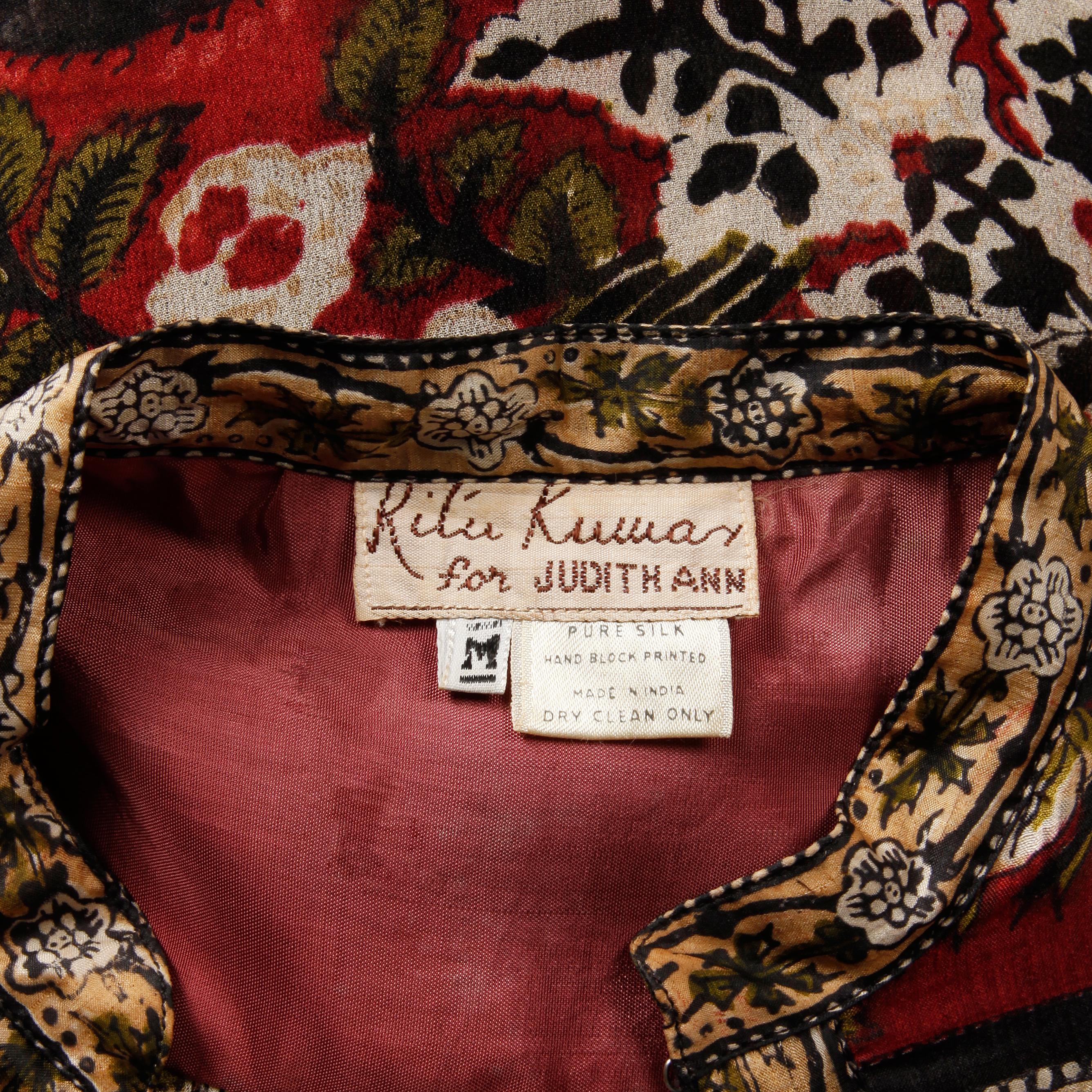 Brown Ritu Kumar for Judith Ann 1970s Vintage 100% Silk Indian Hand-Block Print Dress