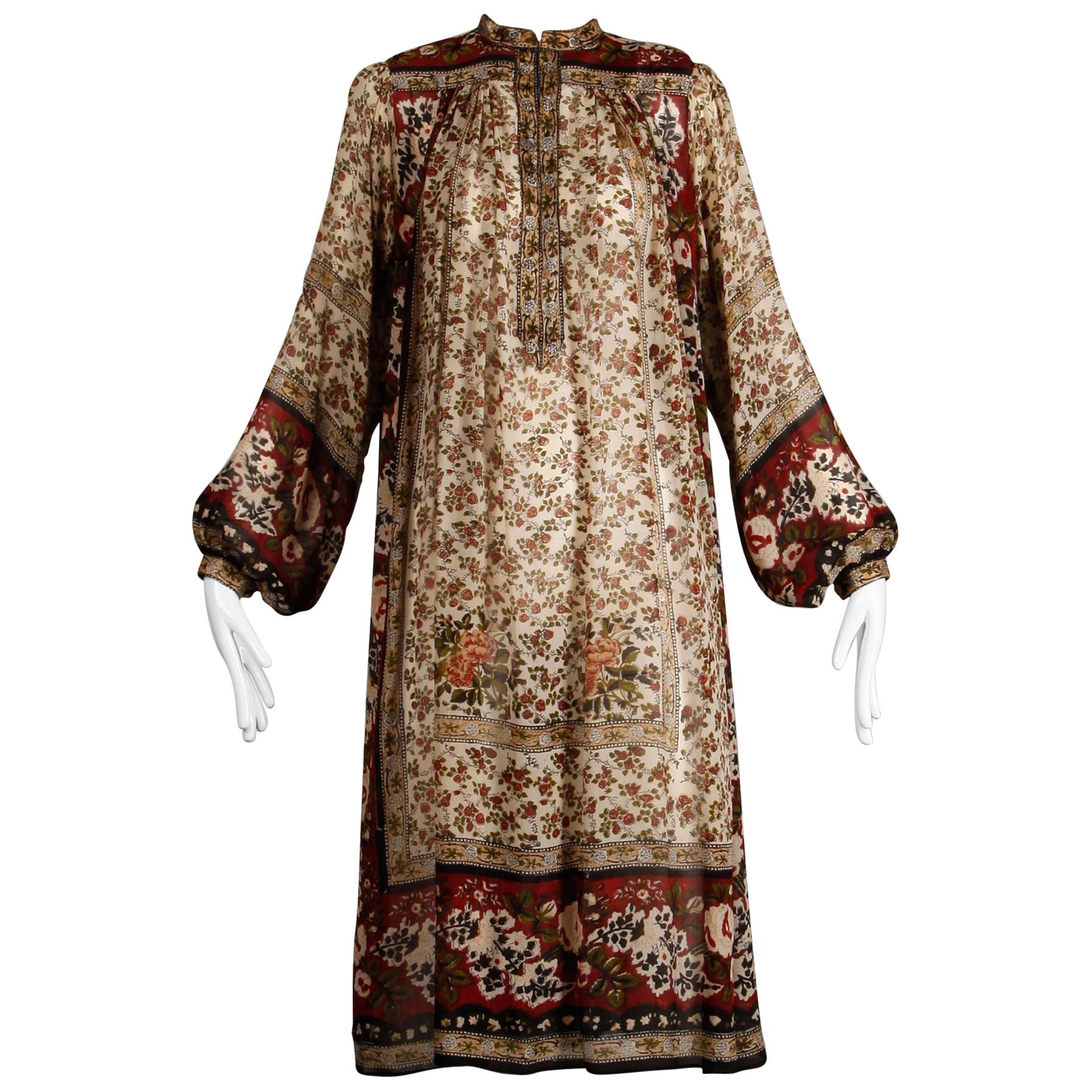 Ritu Kumar for Judith Ann 1970s Vintage 100% Silk Indian Hand-Block Print Dress