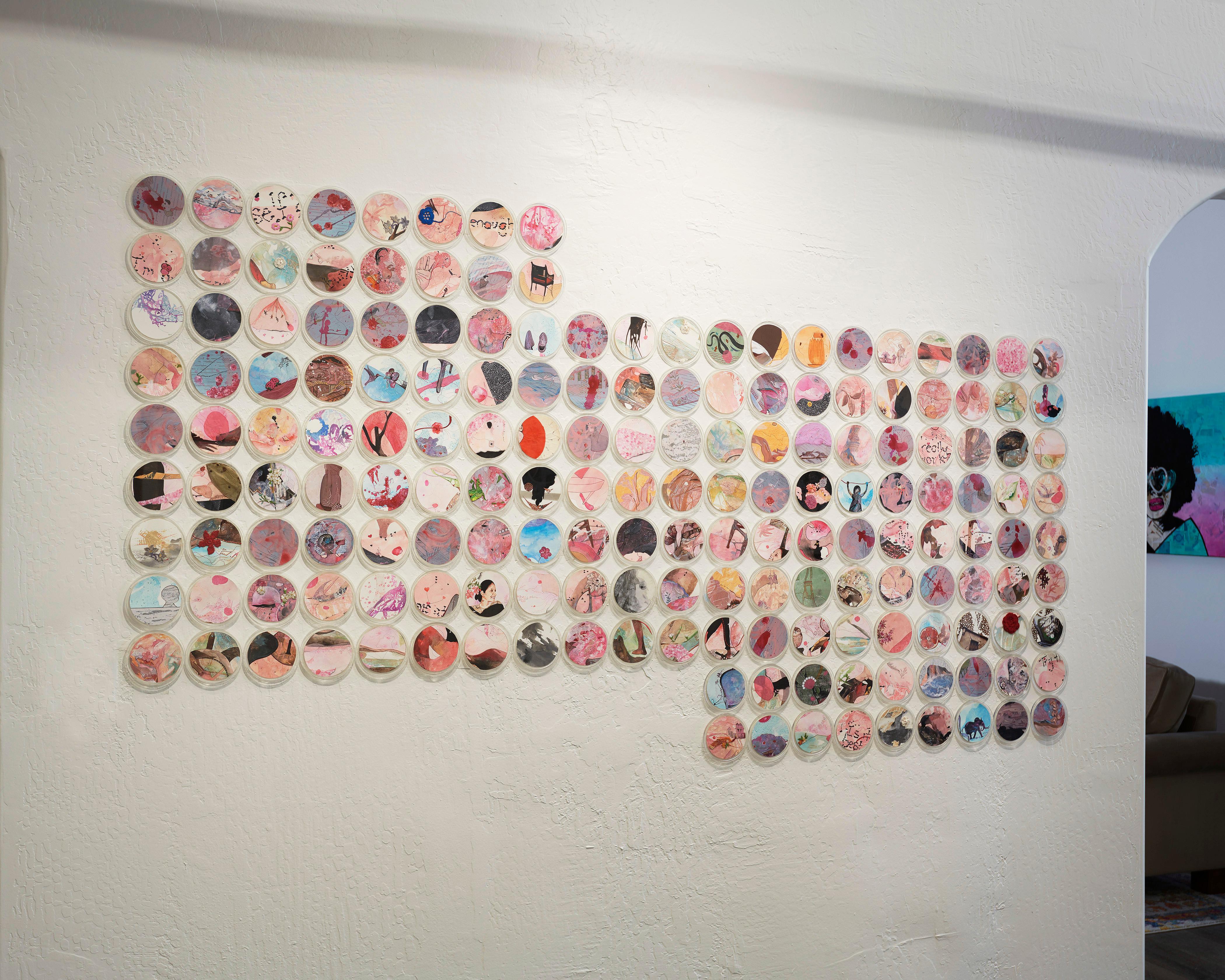 Full Stop - 170 piece Contemporary Art Installation by Indian Artist - pink - Painting by Ritu Sinha