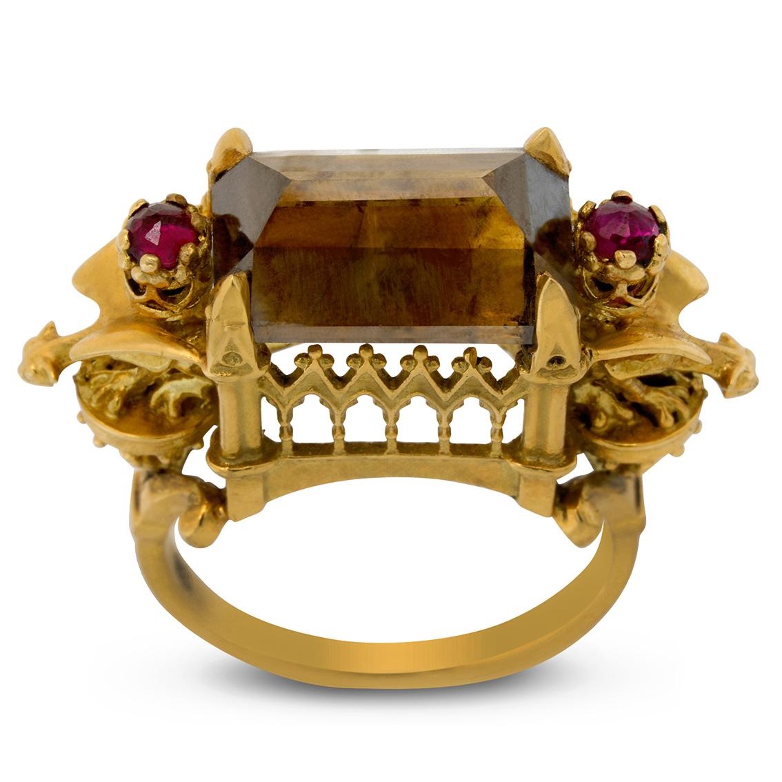 The Ritual Ring is a unique piece and would make the perfect engagement ring for the unusual bride. This is one of William's signature cathedral rings, inspired by gothic architecture throughout Europe. This one features hand sculpted gargoyles much