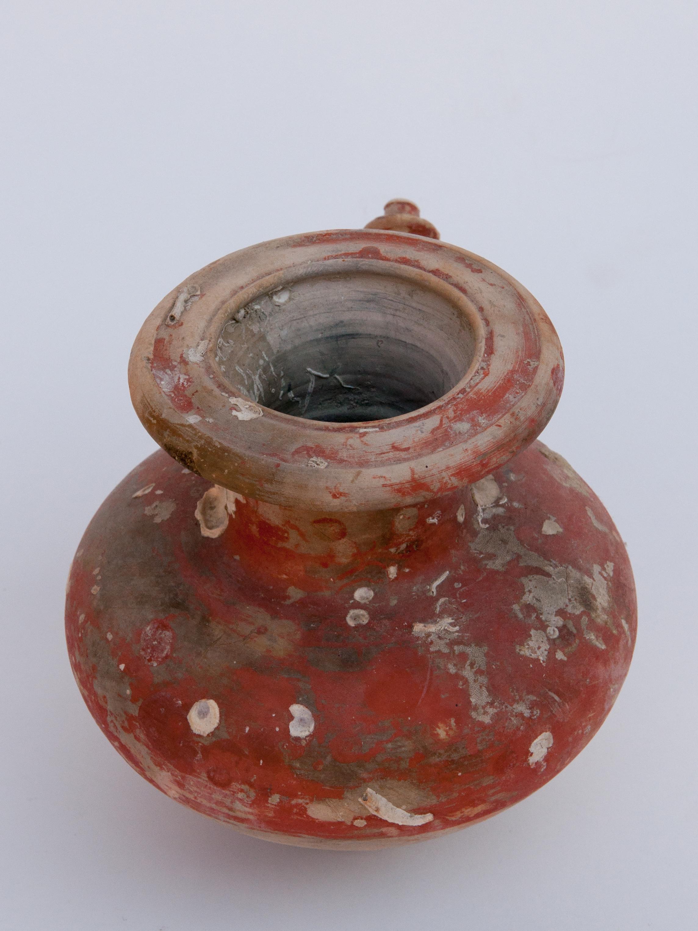 Rustic Ritual Ceramic Pot or Kendi, Red Coloration, Sawankhalok Thailand, 15th Century