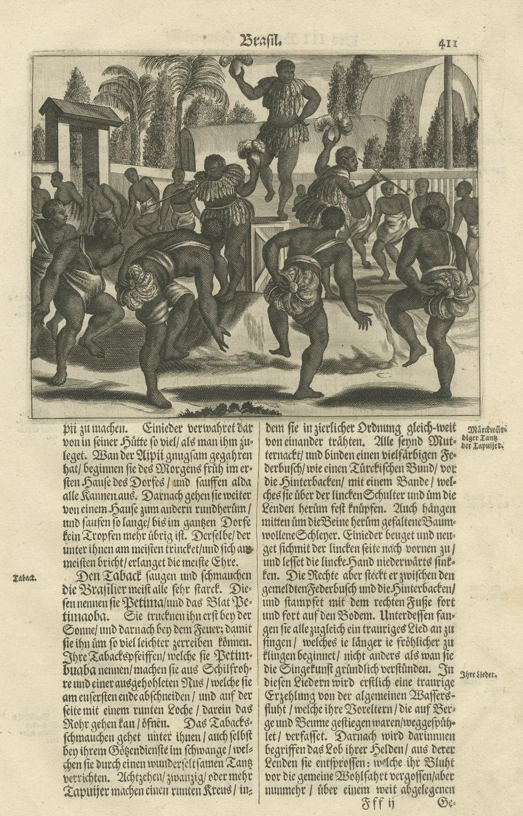 Engraved Ritual Dance in Brazil in the 17th Century on a Copper Engraving by Montanus For Sale