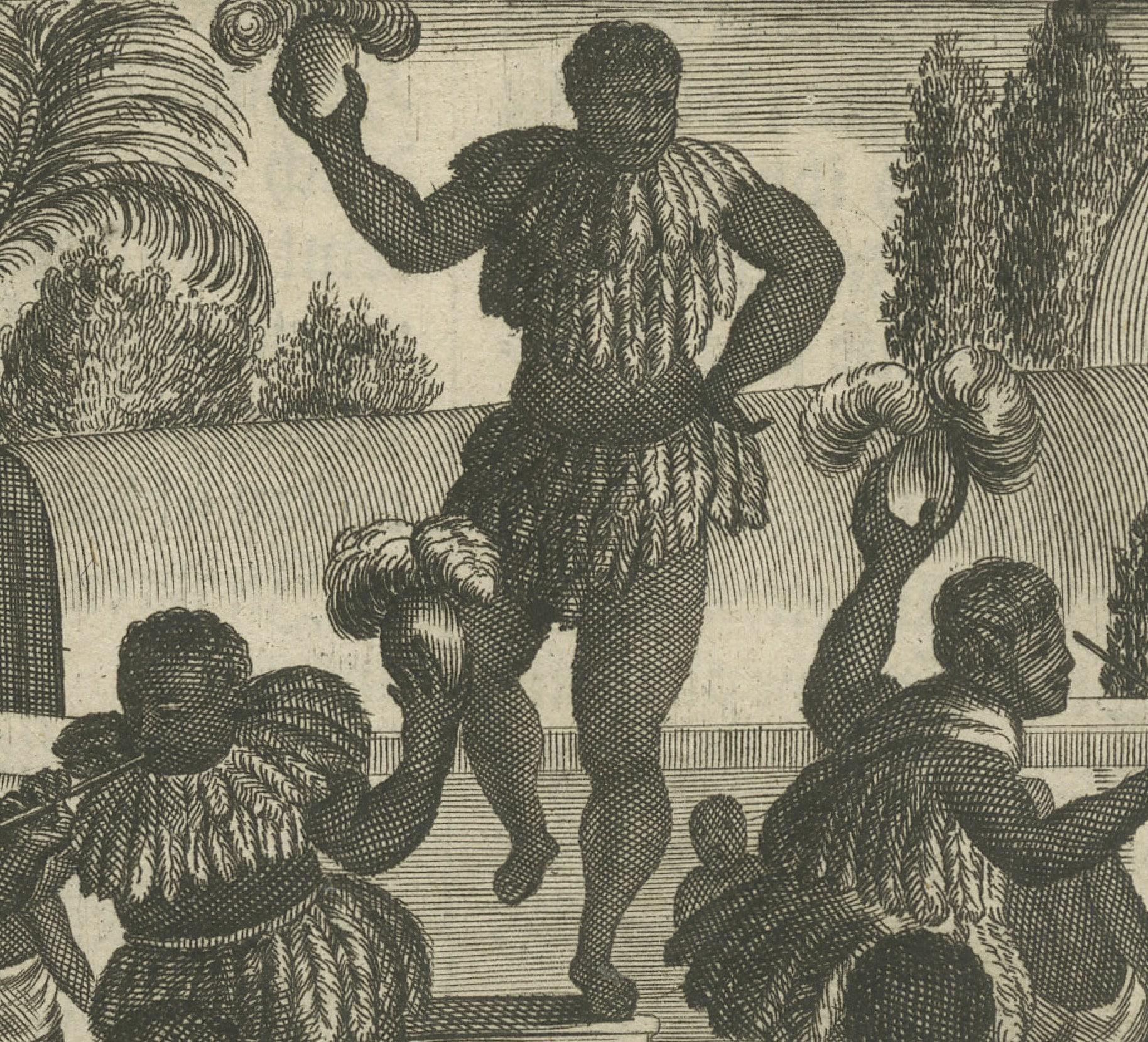 Danse rituelle au Brésil au XVIIe siècle sur une gravure sur cuivre de Montanus Bon état - En vente à Langweer, NL