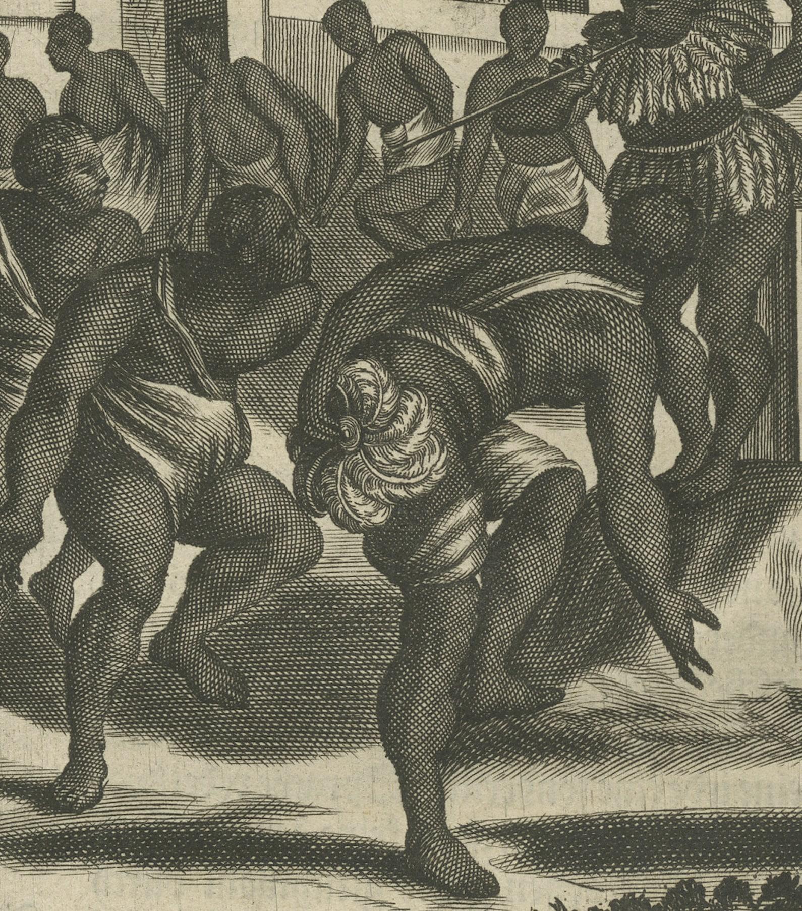Papier Danse rituelle au Brésil au XVIIe siècle sur une gravure sur cuivre de Montanus en vente