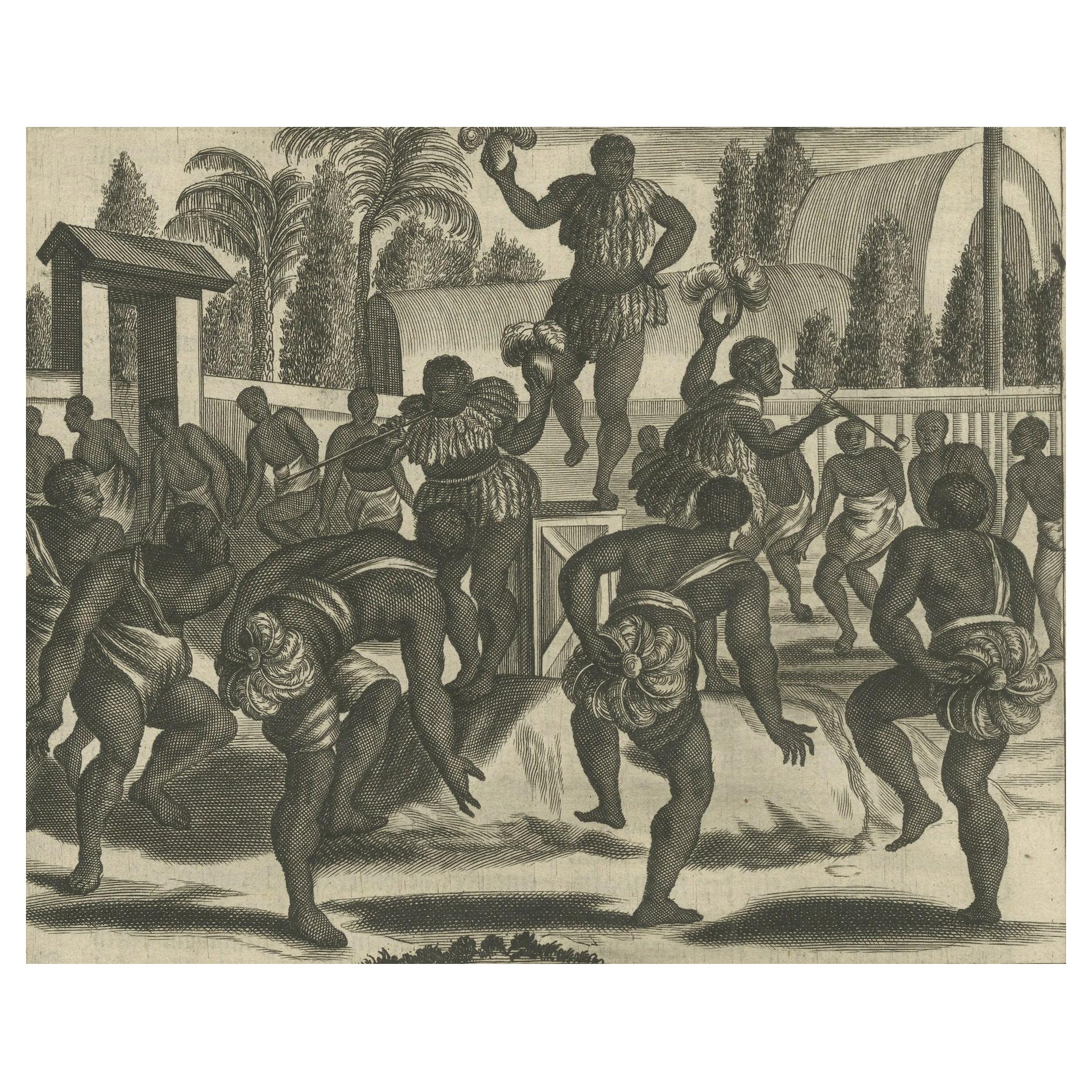 Danse rituelle au Brésil au XVIIe siècle sur une gravure sur cuivre de Montanus