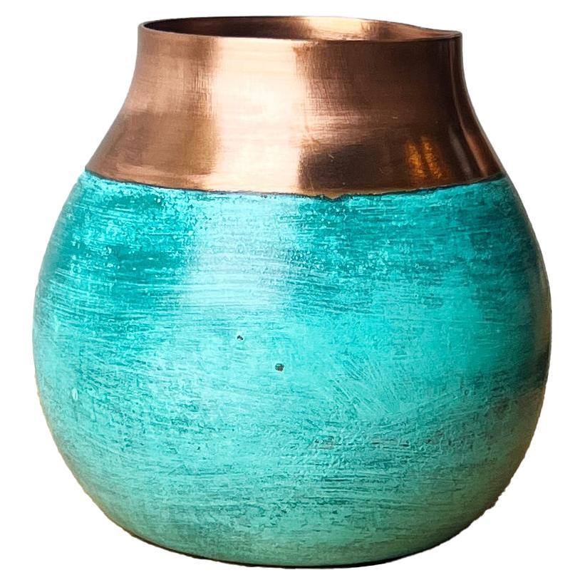 Ritual Mate Cup Handmade in Chile of Green Patina Oxidized Copper, Vessel For Sale