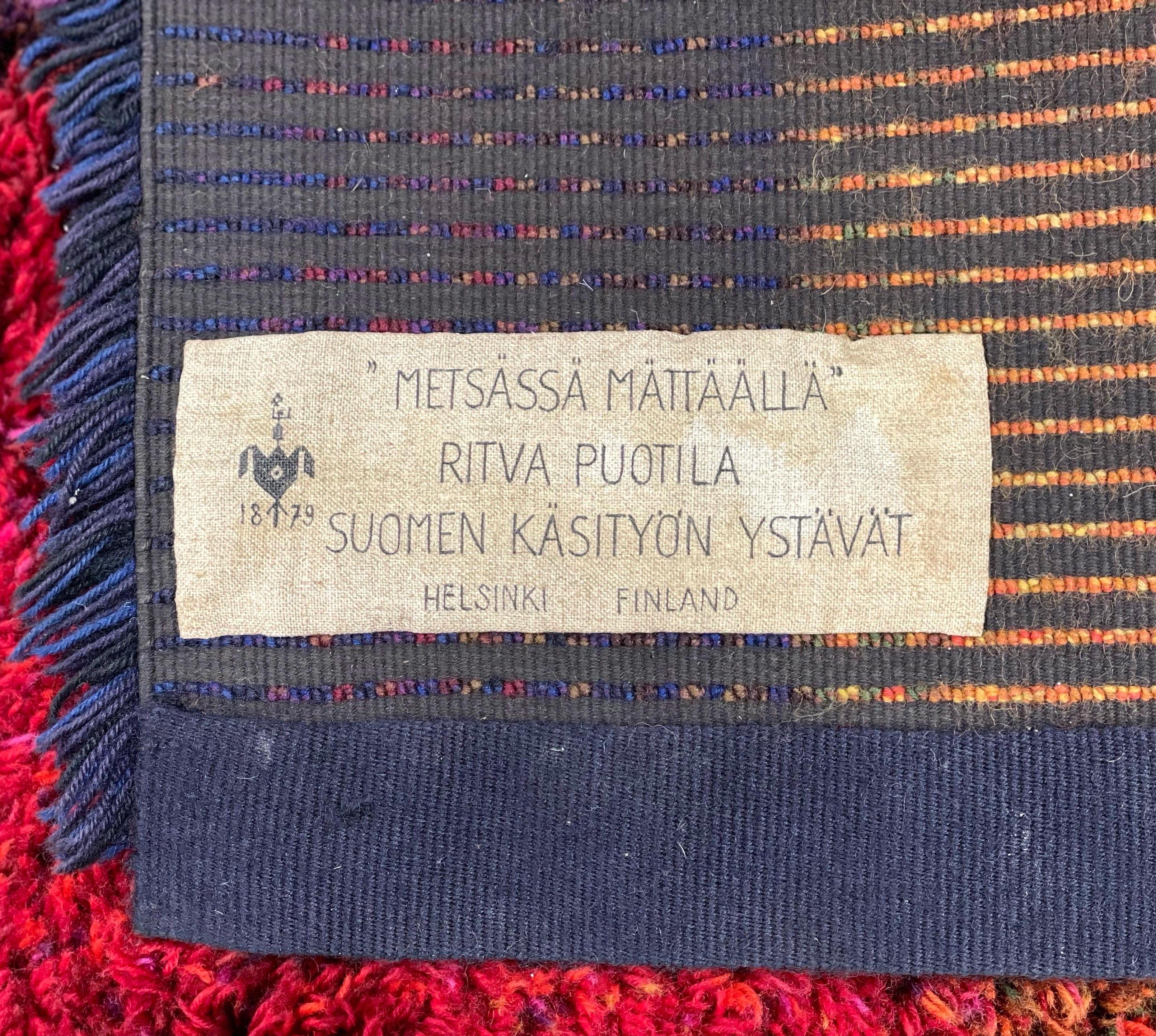 Mid-20th Century Ritva Puotila, Early and Rare Wool Rya Wall Hanging Rug, Scandinavian Modern For Sale