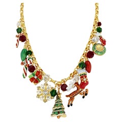 Ritzy Couture DeLuxe Christmas Necklace Multi Charm 22K Gold Plated Statement