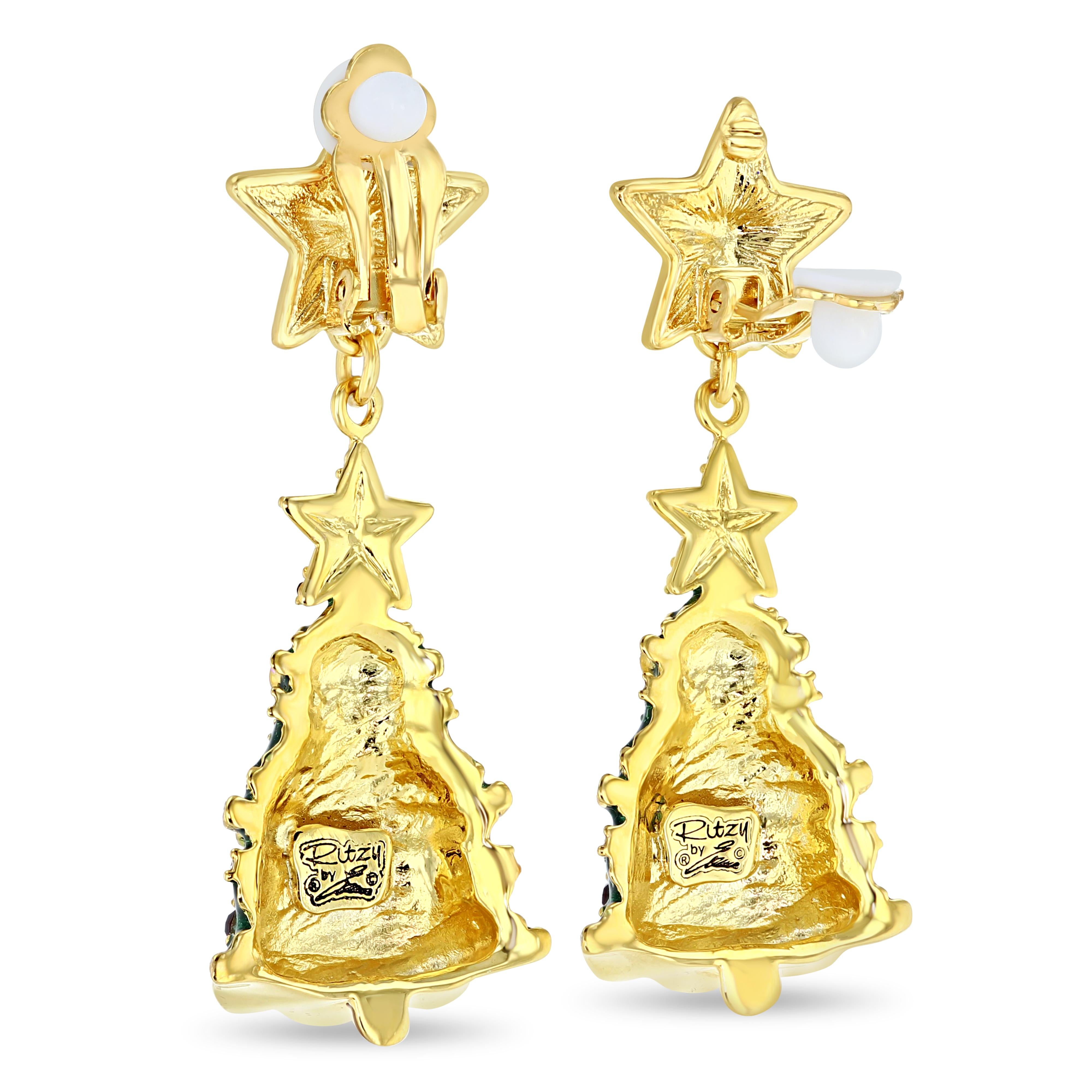 Orecchini con albero di Natale Ritzy Couture DeLuxe Fascino per le vacanze placcato oro 22 carati in vendita 3
