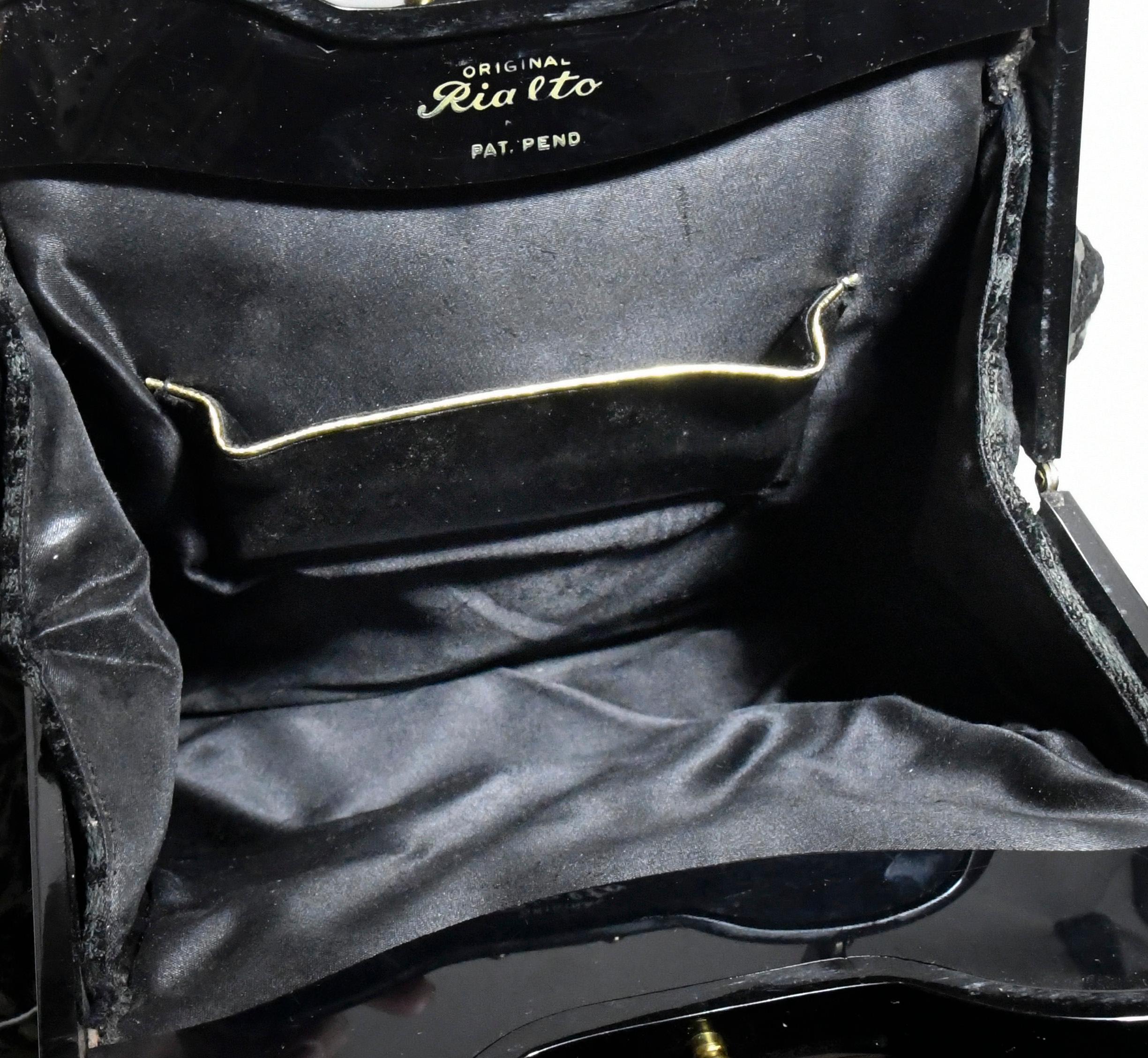 Ritzy Rialto Lucite Black Velvet and Grey Top Handle Vintage Bag In Good Condition For Sale In Palm Beach, FL