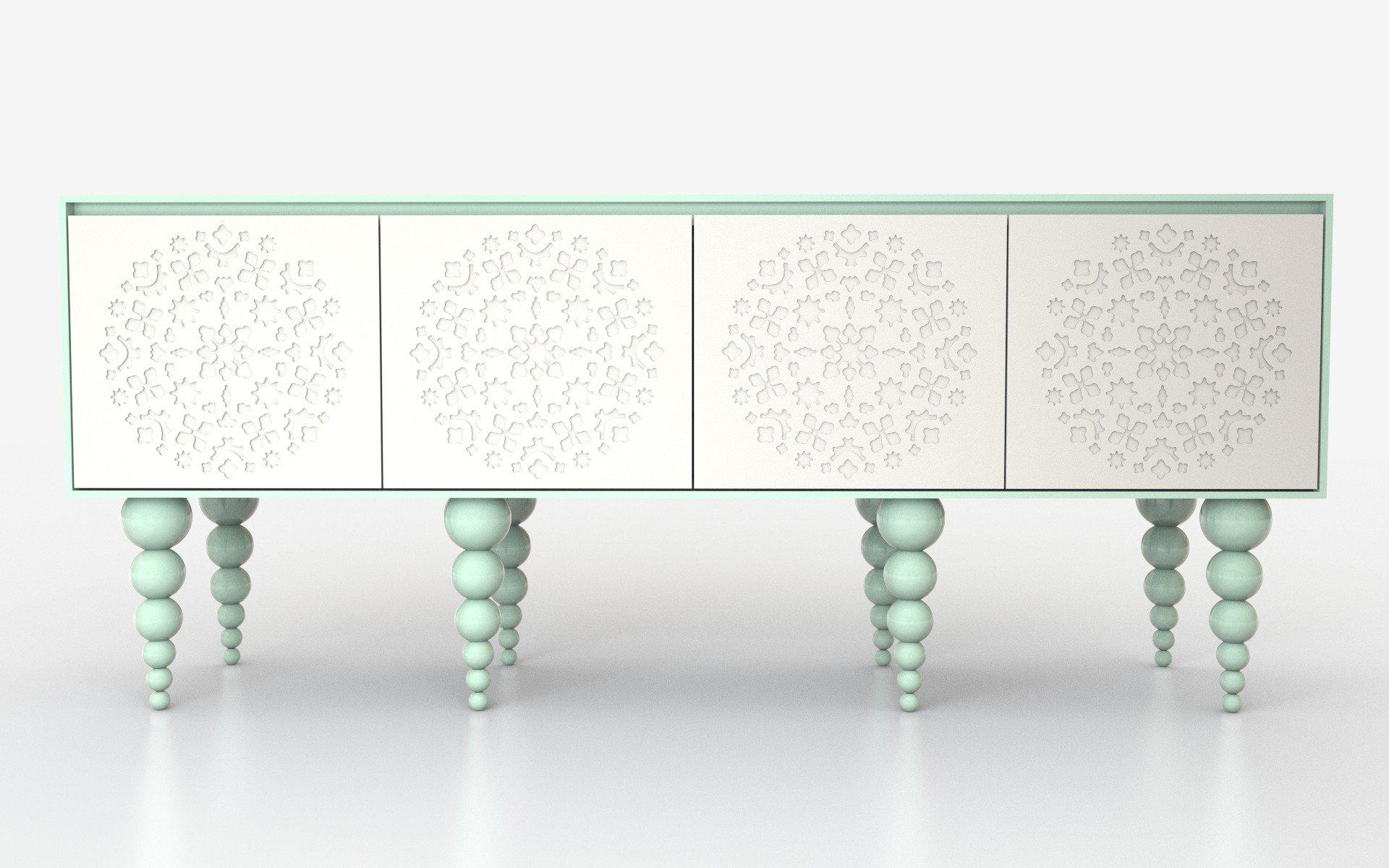 Sideboard features modern patterns and is suitable almost for any type of interior.
The doors open to the sides like a seagull's spreading wings, unveiling four drawers
in the centre.
Extremely high-quality German fittings are furnished with