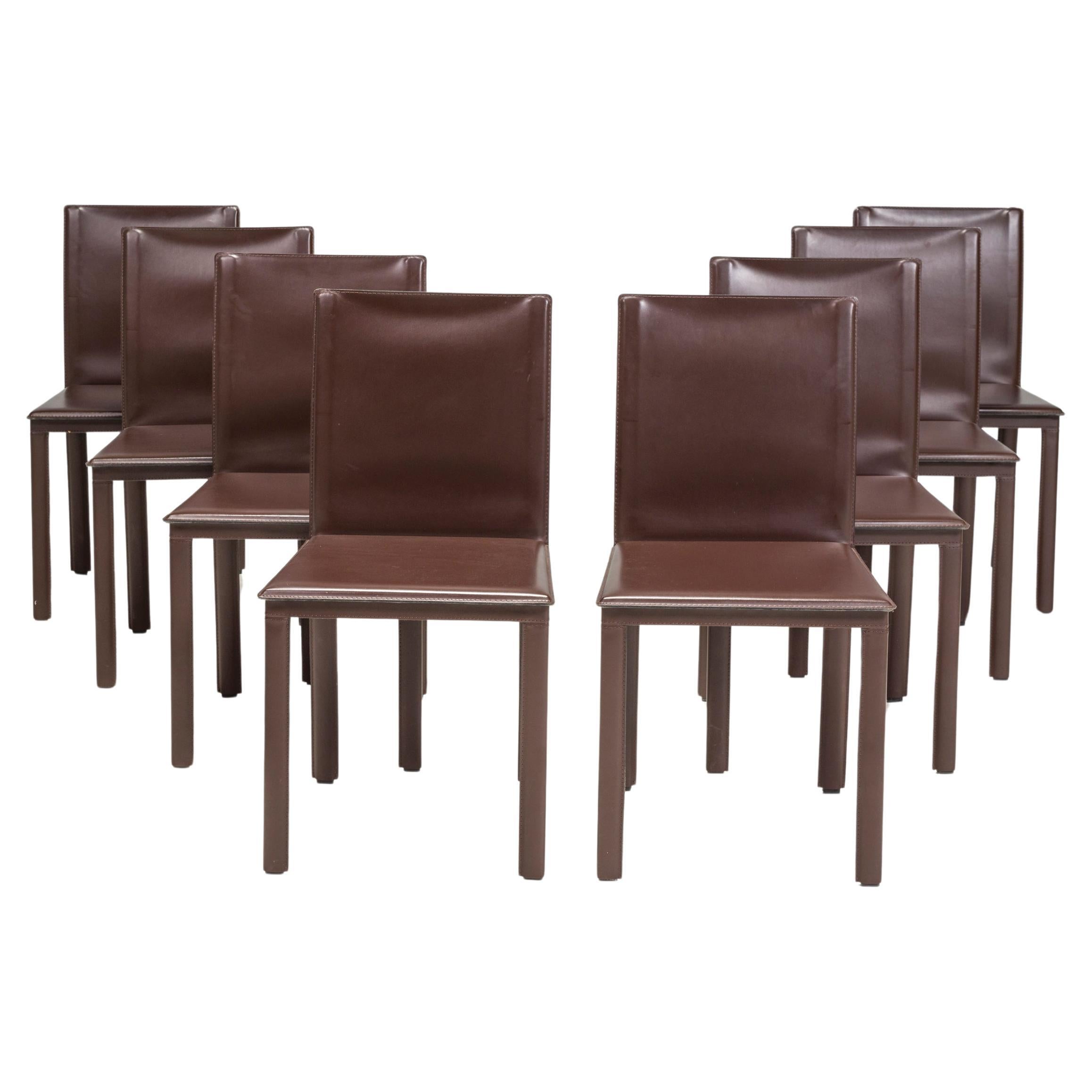 Riva 1920 Brown Leather Dining Chairs, Set of 8 For Sale