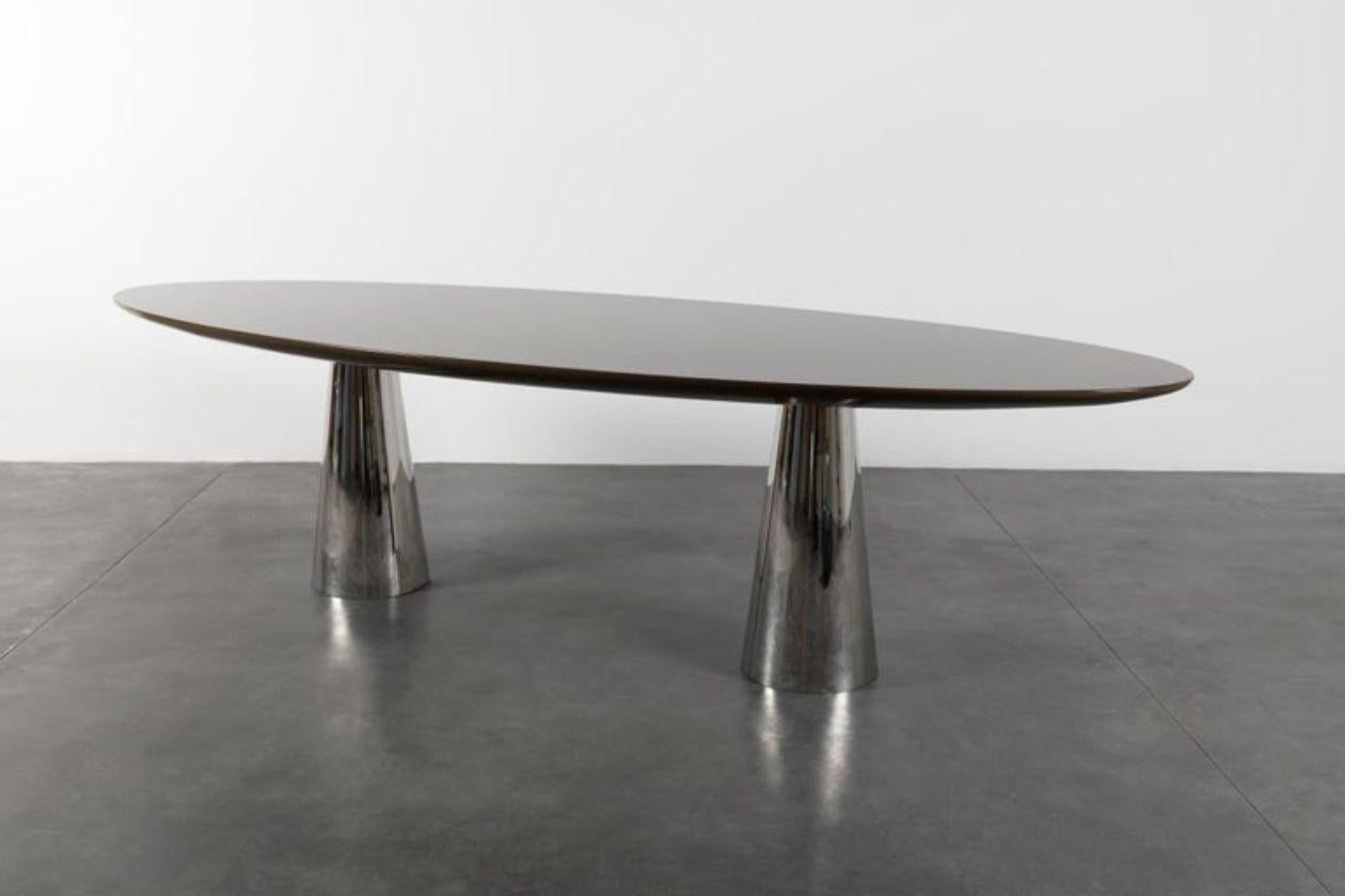 Modern Riva, Dining Table in Rosewood, High Gloss Grey Lacquer and Polished Stainless For Sale