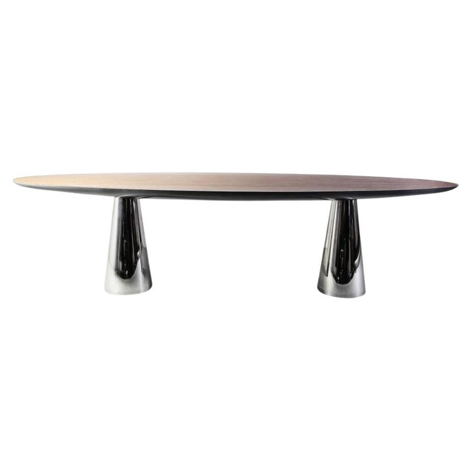 Riva, Dining Table in Rosewood, High Gloss Grey Lacquer and Polished Stainless For Sale