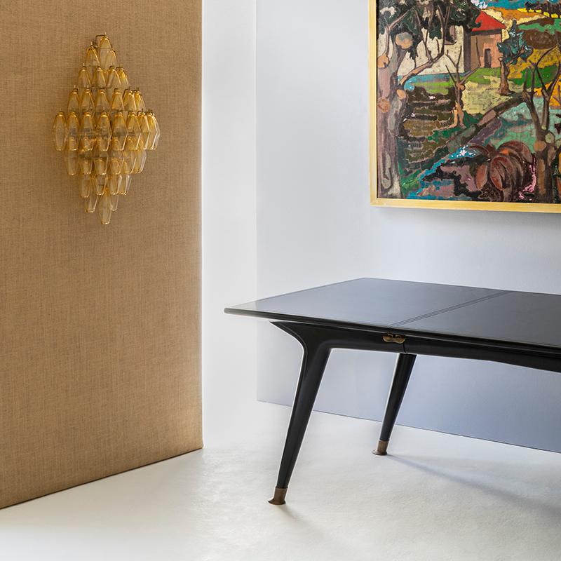 Riva Extending Table - Bespoke - Ebonised Walnut Dining Table with Brass Feet For Sale 4
