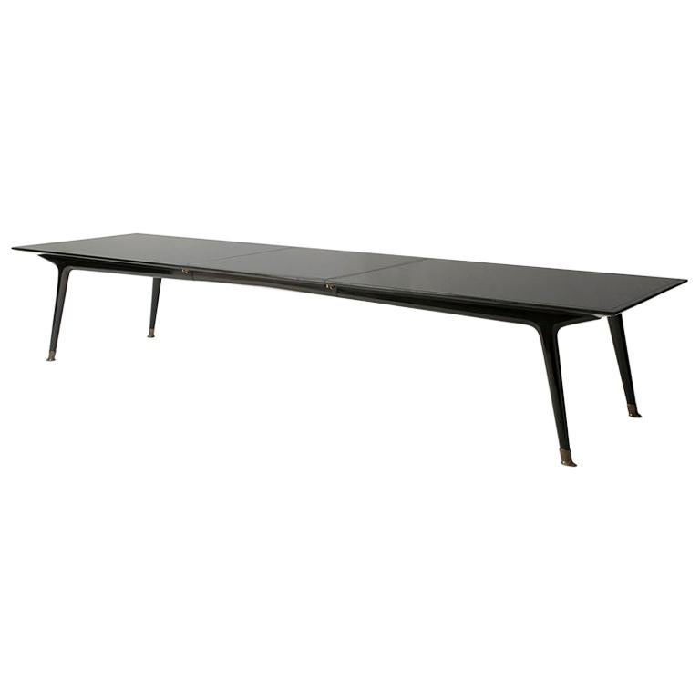 Riva Extending Table - Bespoke - Ebonised Walnut Dining Table with Brass Feet For Sale