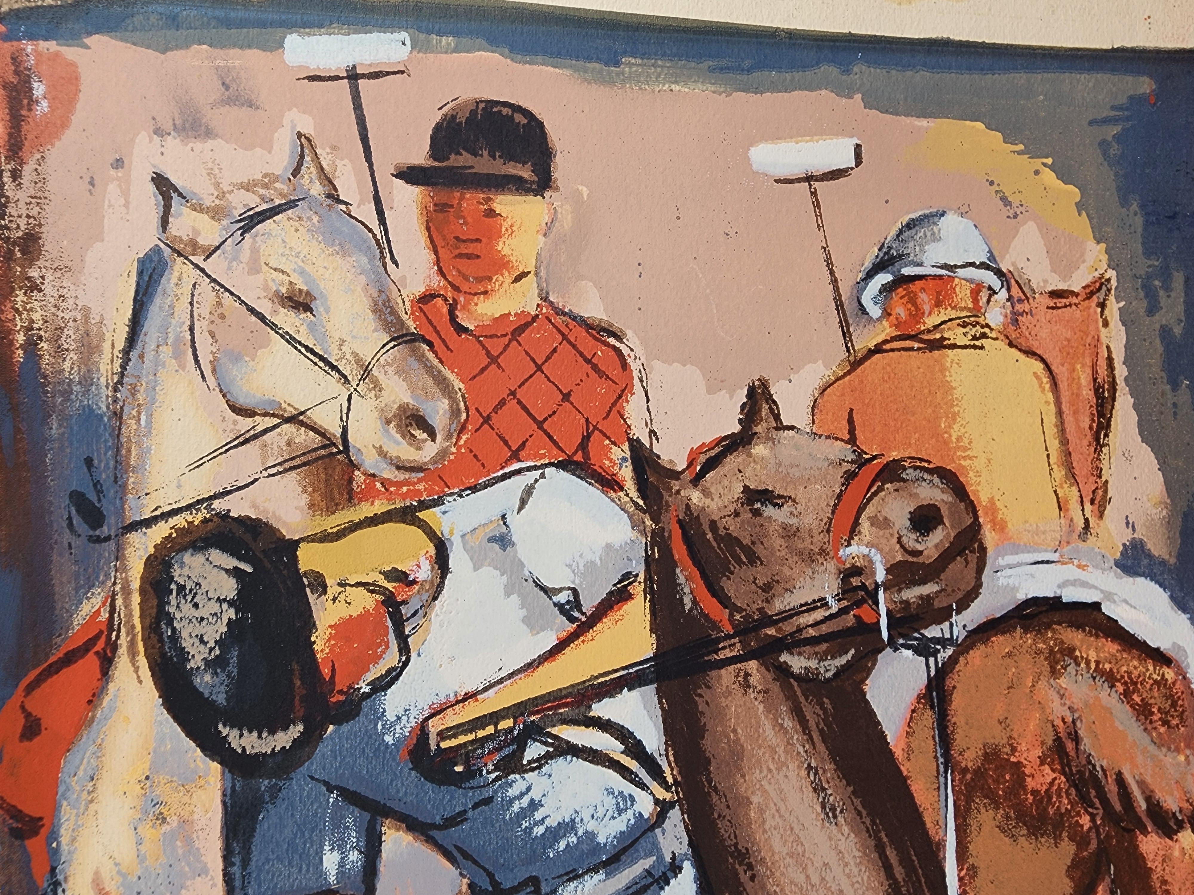 A wonderful screen print by Riva Helfond depicting a pair of polo players on horseback.
Helfond is known for her participation in the WPA and for her screen prints.
UNSIGNED