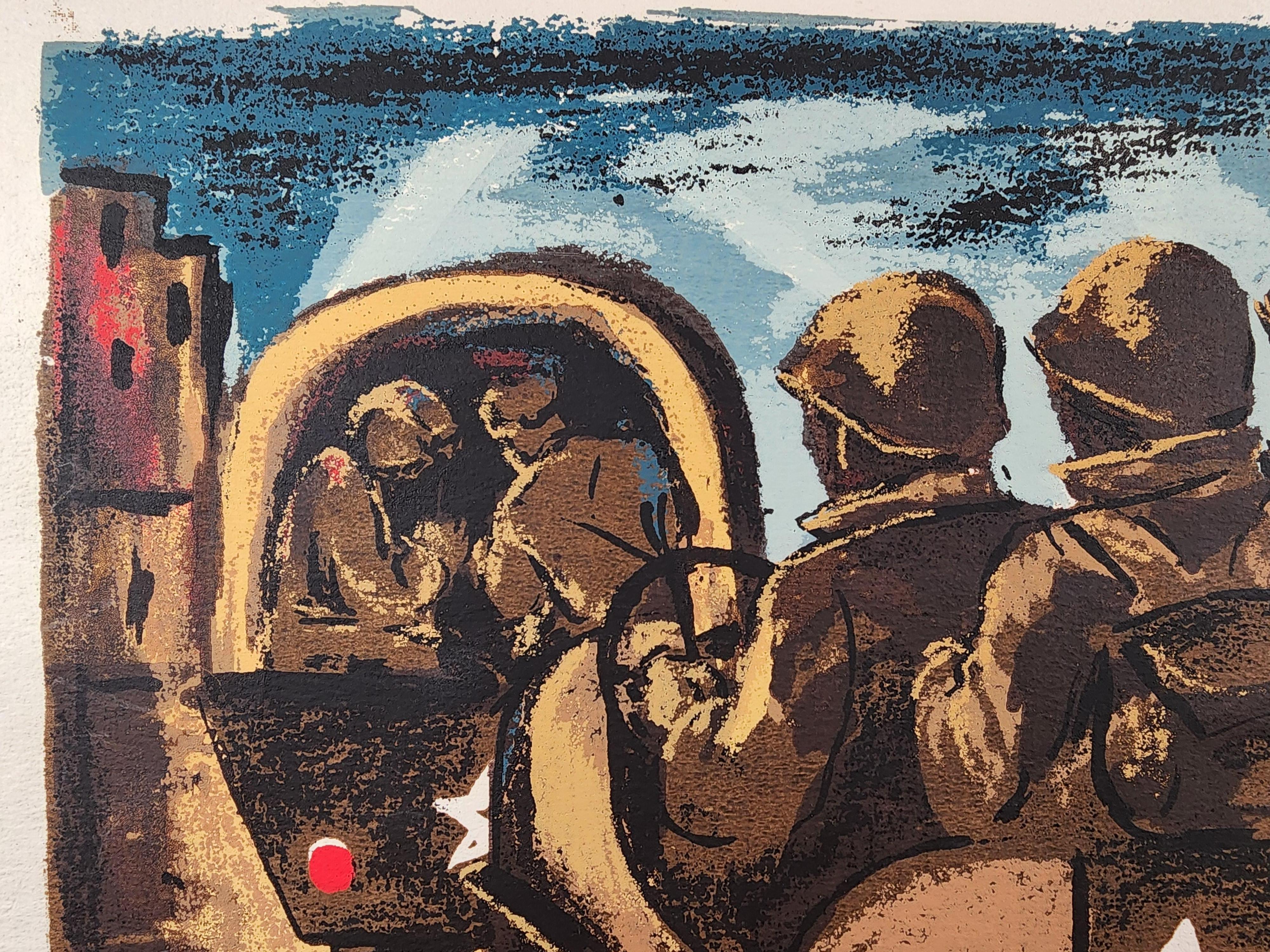 A WW2 themed screen print by New York City artist Riva Helfond depicting soldiers in a convoy.
Helfond is well known for her participation in the WPA and for her screen prints.
Signed in the image and again in the margin, lower right corner.