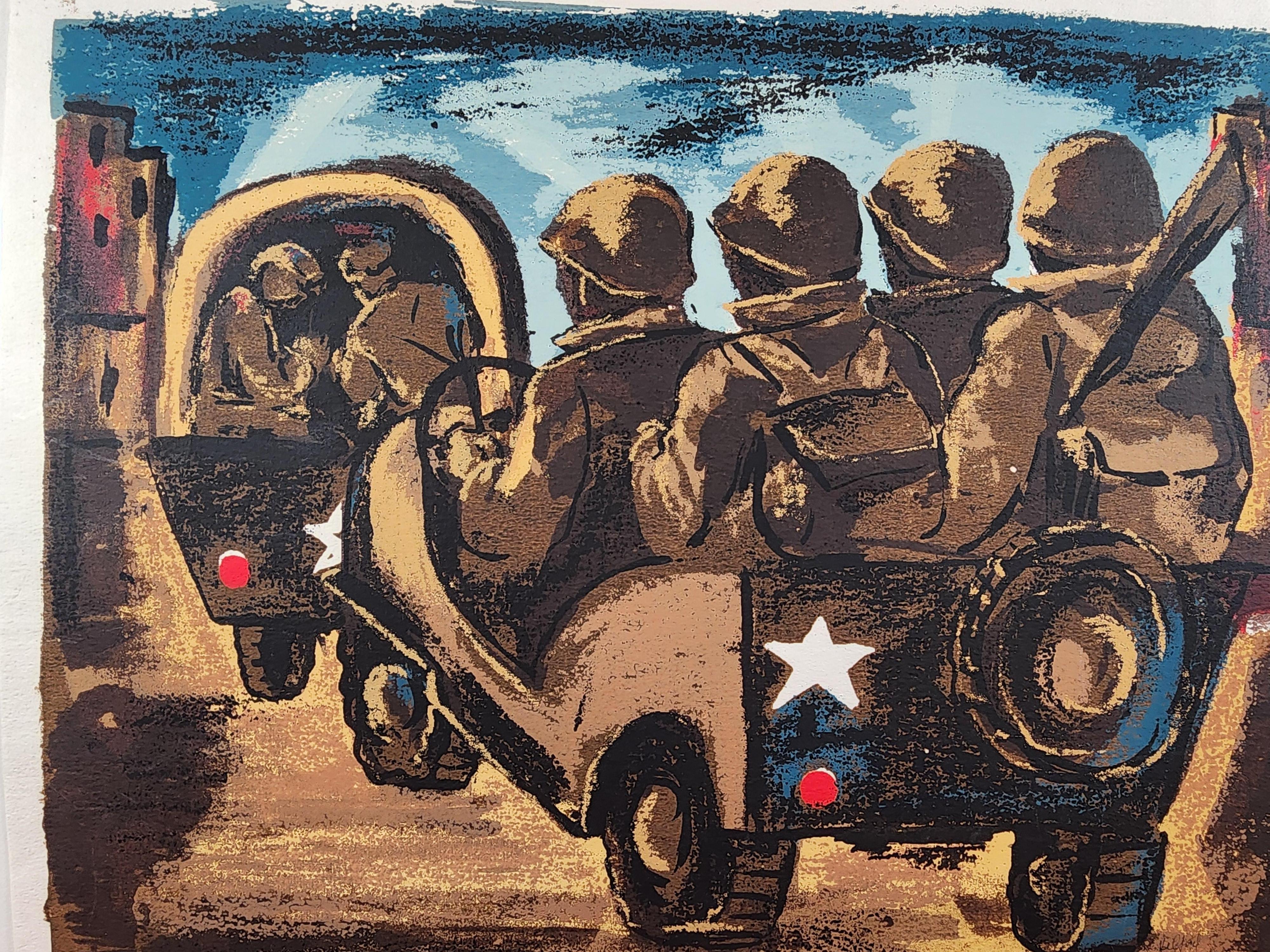 A WW2 themed screen print by New York City artist Riva Helfond depicting soldiers in a convoy.
Helfond is well known for her participation in the WPA and for her screen prints.
Signed in the image and again in the margin, lower right corner.