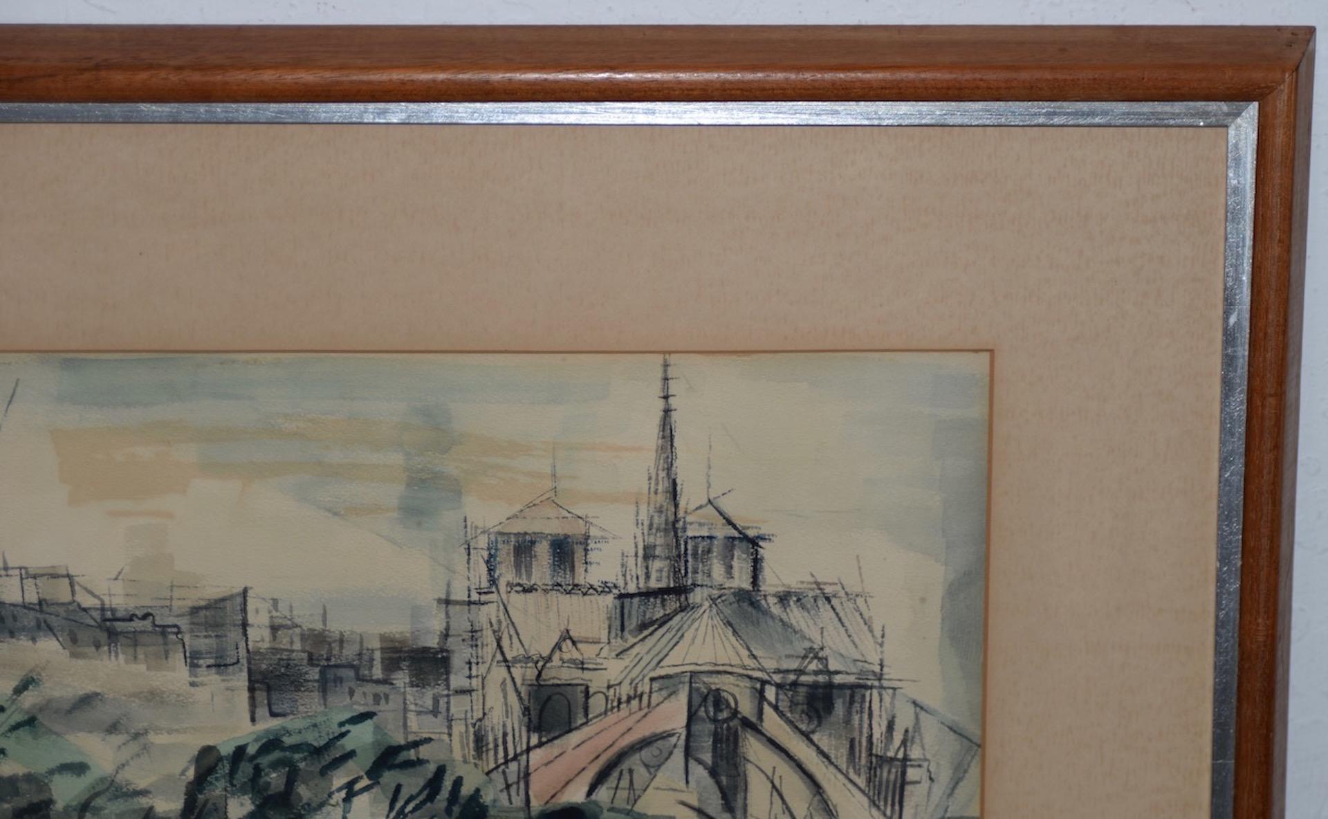 Mid-Century Modern Riva Helfond Notre-Dame de Paris Cathedral in Abstract Watercolor, circa 1954 For Sale