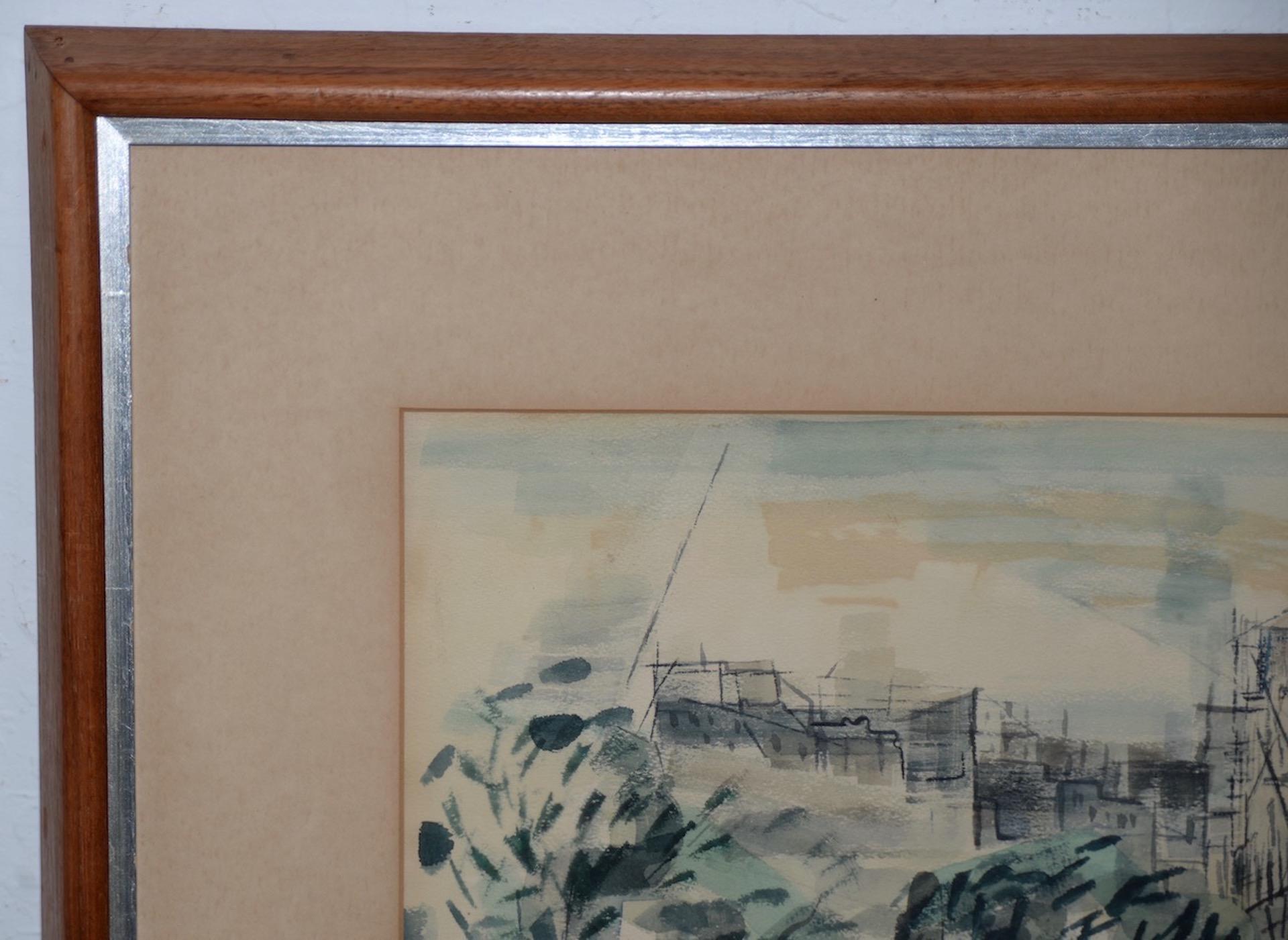 American Riva Helfond Notre-Dame de Paris Cathedral in Abstract Watercolor, circa 1954 For Sale