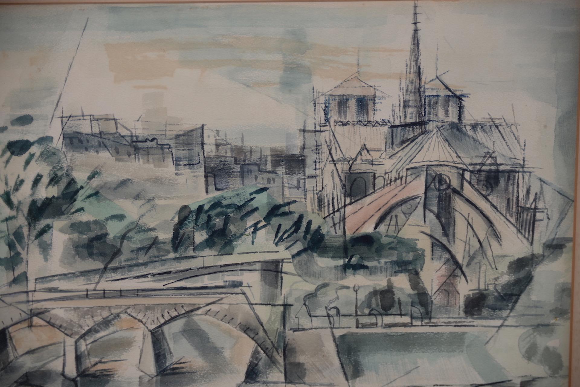 Riva Helfond Notre-Dame de Paris Kathedrale in abstrakter Aquarellmalerei:: um 1954 im Zustand „Gut“ im Angebot in San Francisco, CA