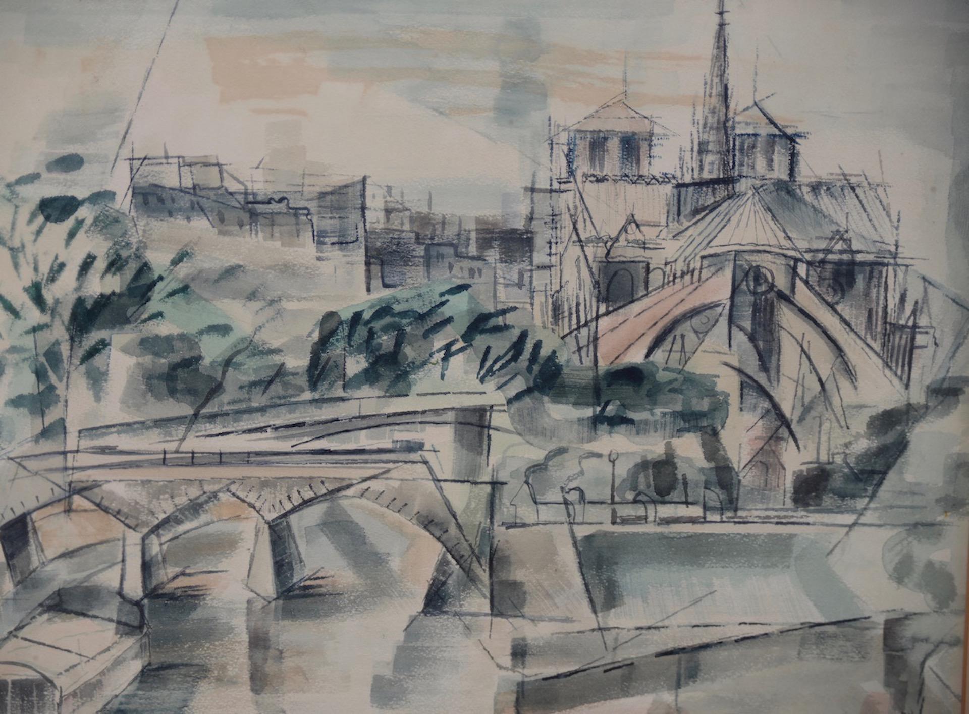 Paper Riva Helfond Notre-Dame de Paris Cathedral in Abstract Watercolor, circa 1954 For Sale