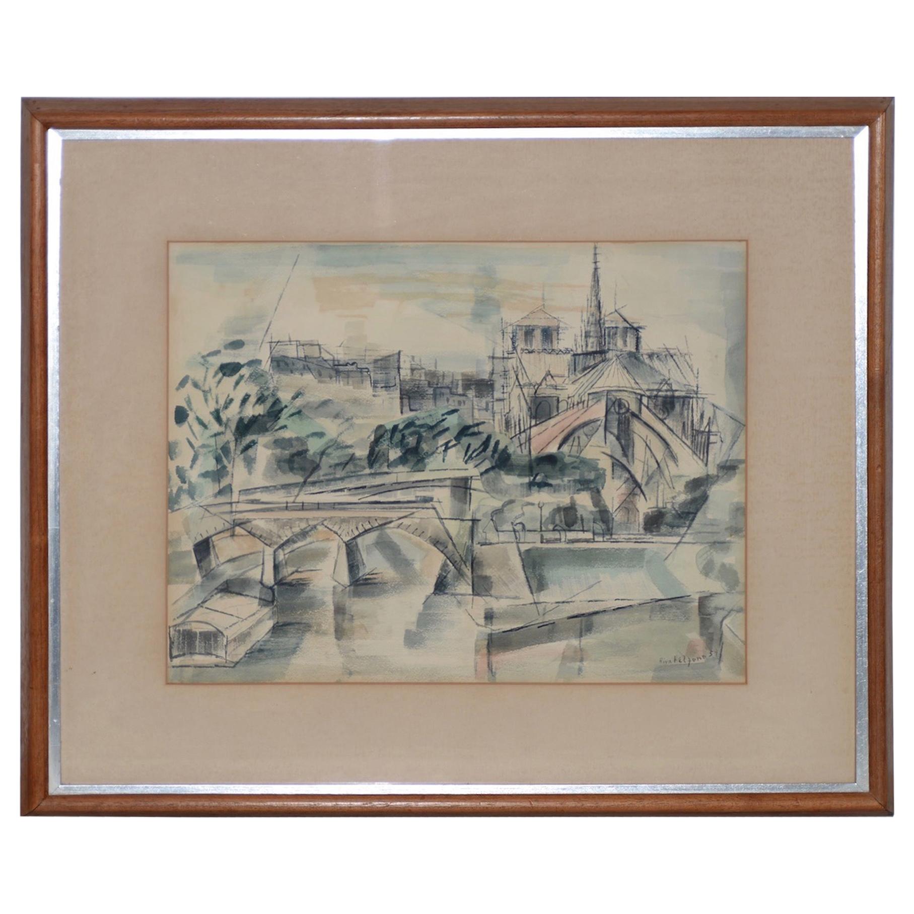 Riva Helfond Notre-Dame de Paris Cathedral in Abstract Watercolor, circa 1954