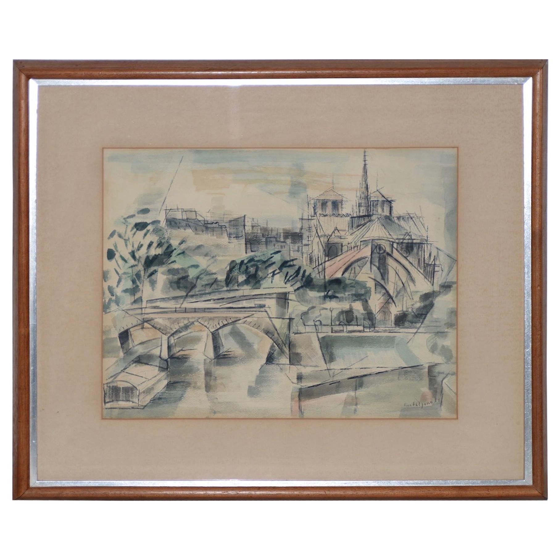 Riva Helfond Notre-Dame de Paris Cathedral in Abstract Watercolor, circa 1954 For Sale