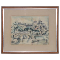 Used Riva Helfond Notre-Dame de Paris Cathedral in Abstract Watercolor, circa 1954