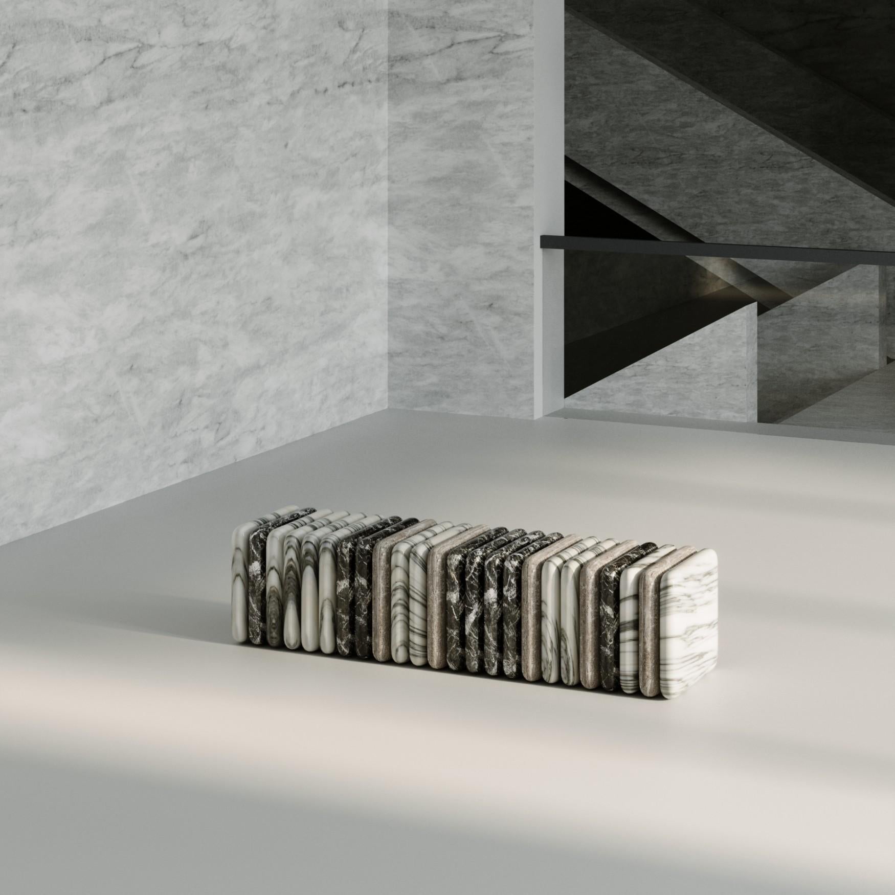 Elevate your space with this luxurious marble bench, a harmonious blend of White Carrara, Nero Marquina, and Armani Grey marbles. The soft, milky tones of White Carrara are elegantly juxtaposed with the bold veining of Nero Marquina and the deep,