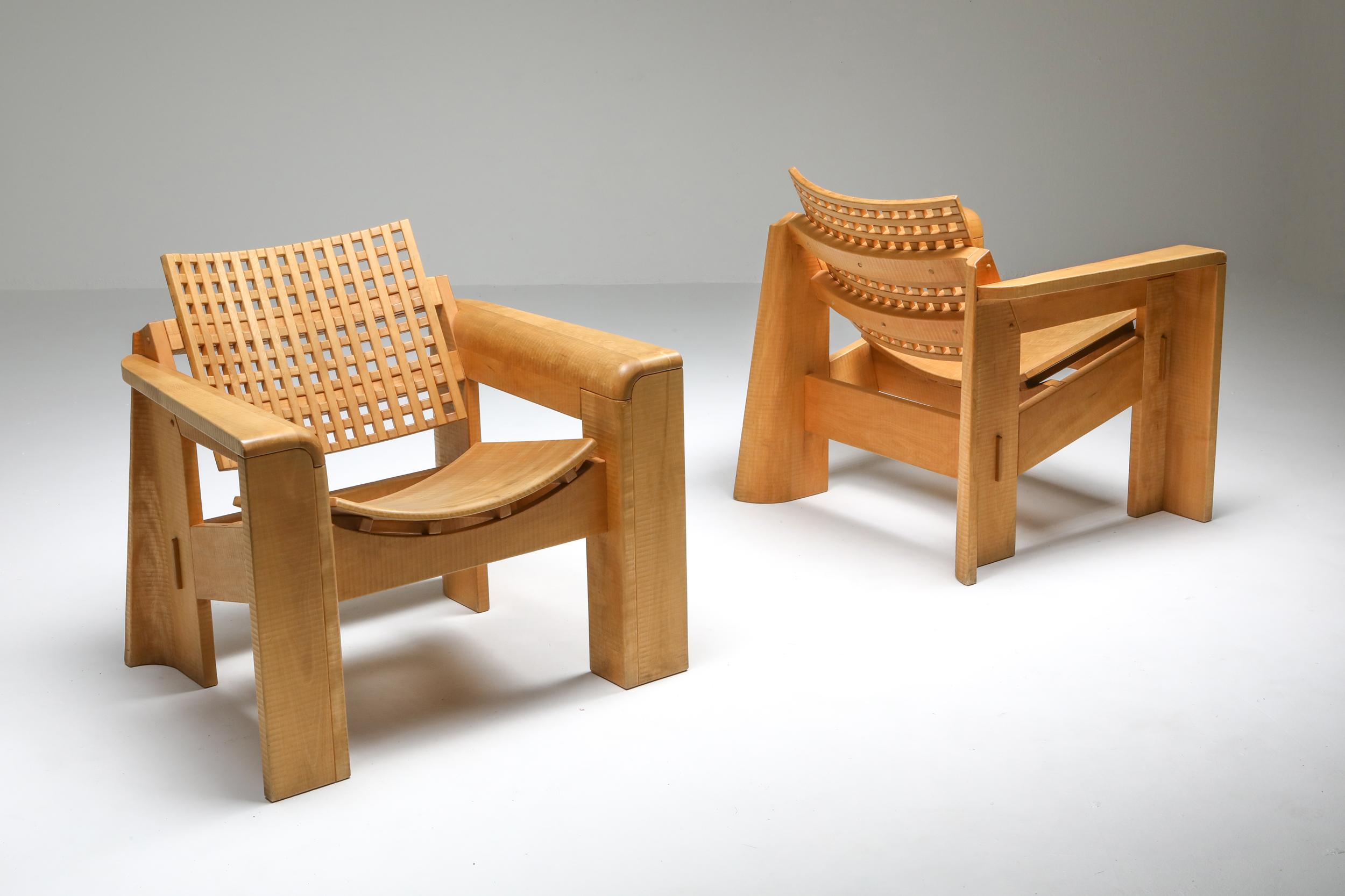 Lounge chairs in elm, Italy, 1980s, Giuseppe Rivadossi

Great pieces handmade by Italian craftsmen, arguably the best in the world.
These chairs combine qualities of superior architecture and design with craft and skill

The quality of the work