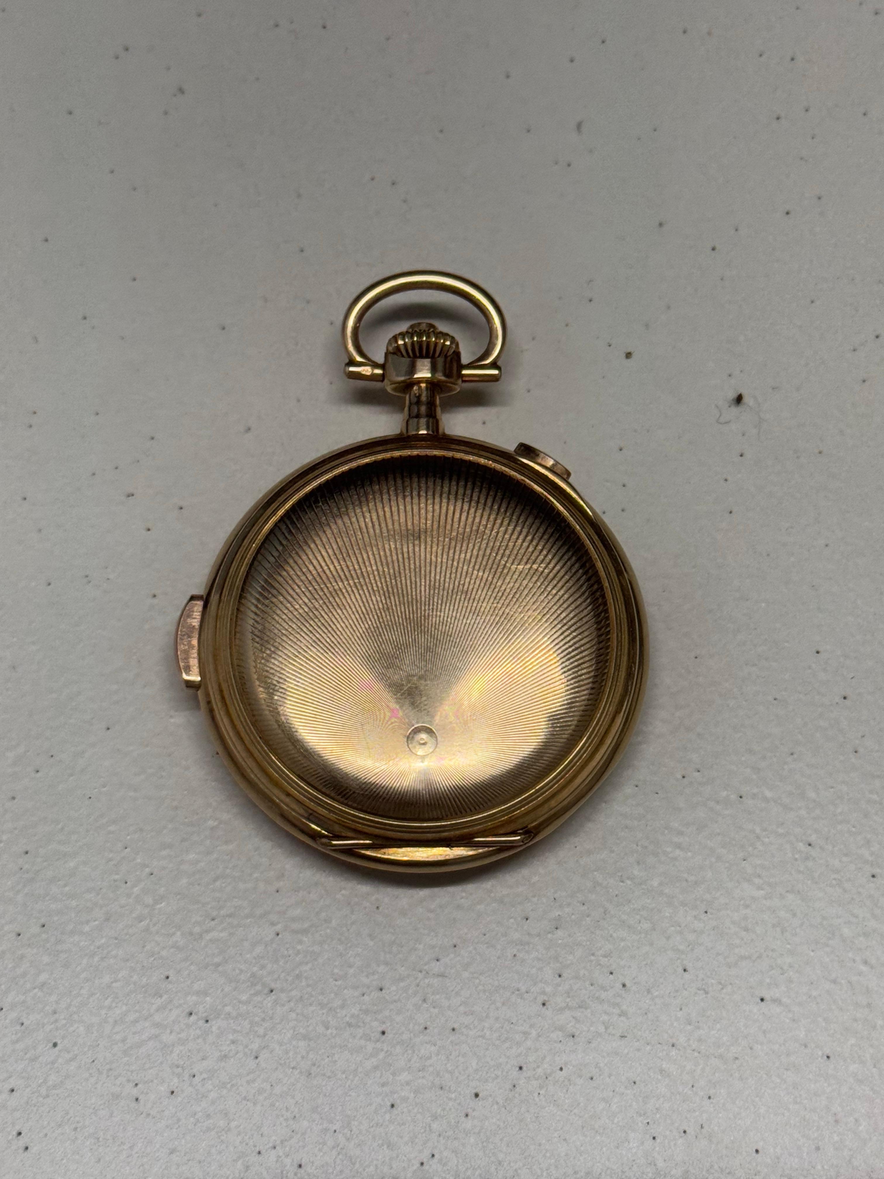 RARE BEAUTIFUL FULL HUNTER RIVAL CALENDAR POCKET WATCH WITH 7 AWARDS


& 8 COMPLICATIONS:


1) DAY


2) DATE


3) MONTHS


4) MOONPHASE


5) CHRONOGRAPH


6) QUARTER REPEATER


7) HOUR


8) MINUTE


9) SECONDS



WORKING (SEE VIDEO)


SOLID GOLD