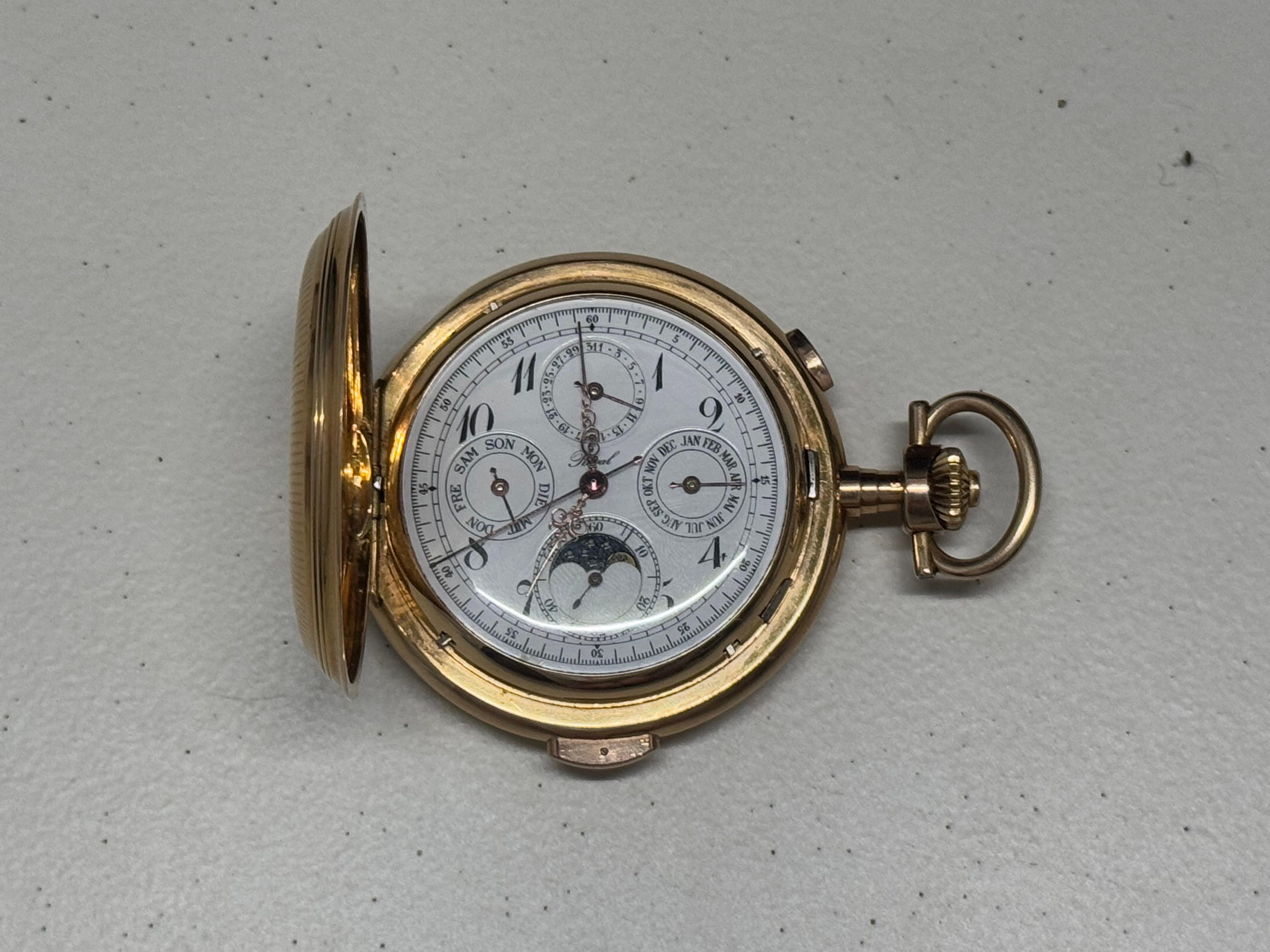 RIVAL FULL CALENDAR ANTIQUE Pocket Watch MOON PHASE 1/4 REPEATER SOLID GOLD12.5K 3