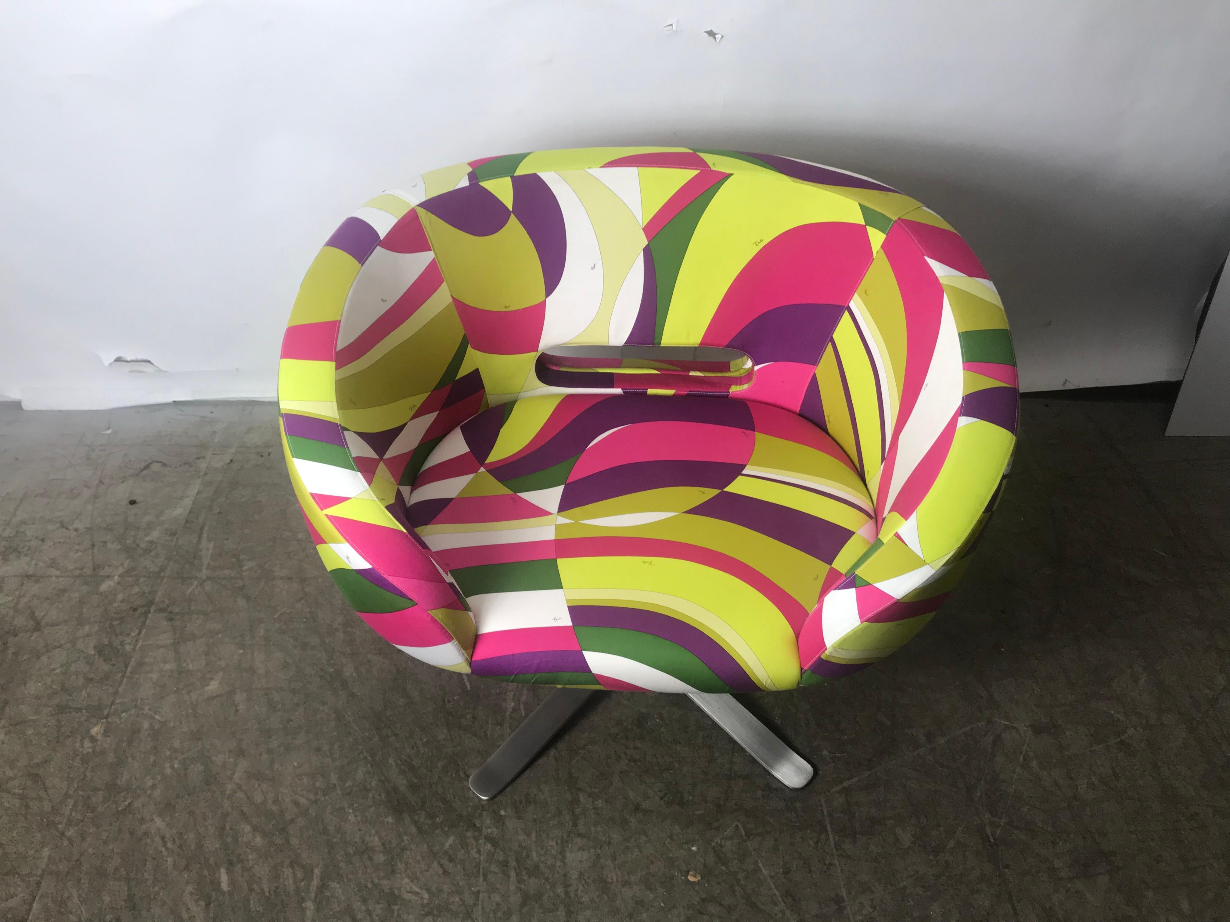 Stunning contemporary modernist swivel chair designed by Patrick Norguet for Cappellini / Italy, wrapped in amazing Emilo Pucci fabric, signed, stainless steel base. Extremely comfortable. Excellent original showroom condition.