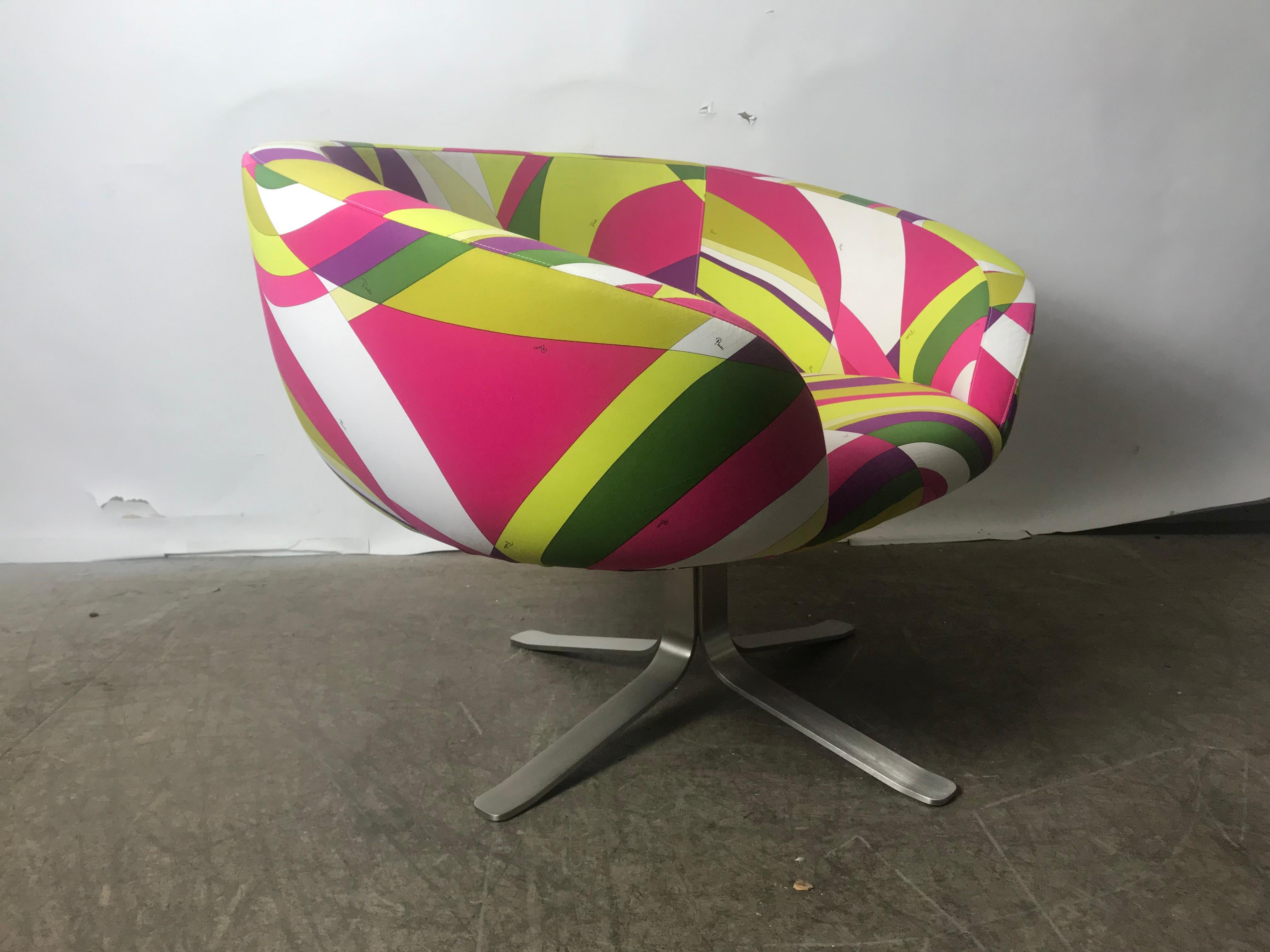 Mid-Century Modern Rive Droite Swivel Lounge Chair by Patrick Norguet for Cappellini, Pucci Fabric