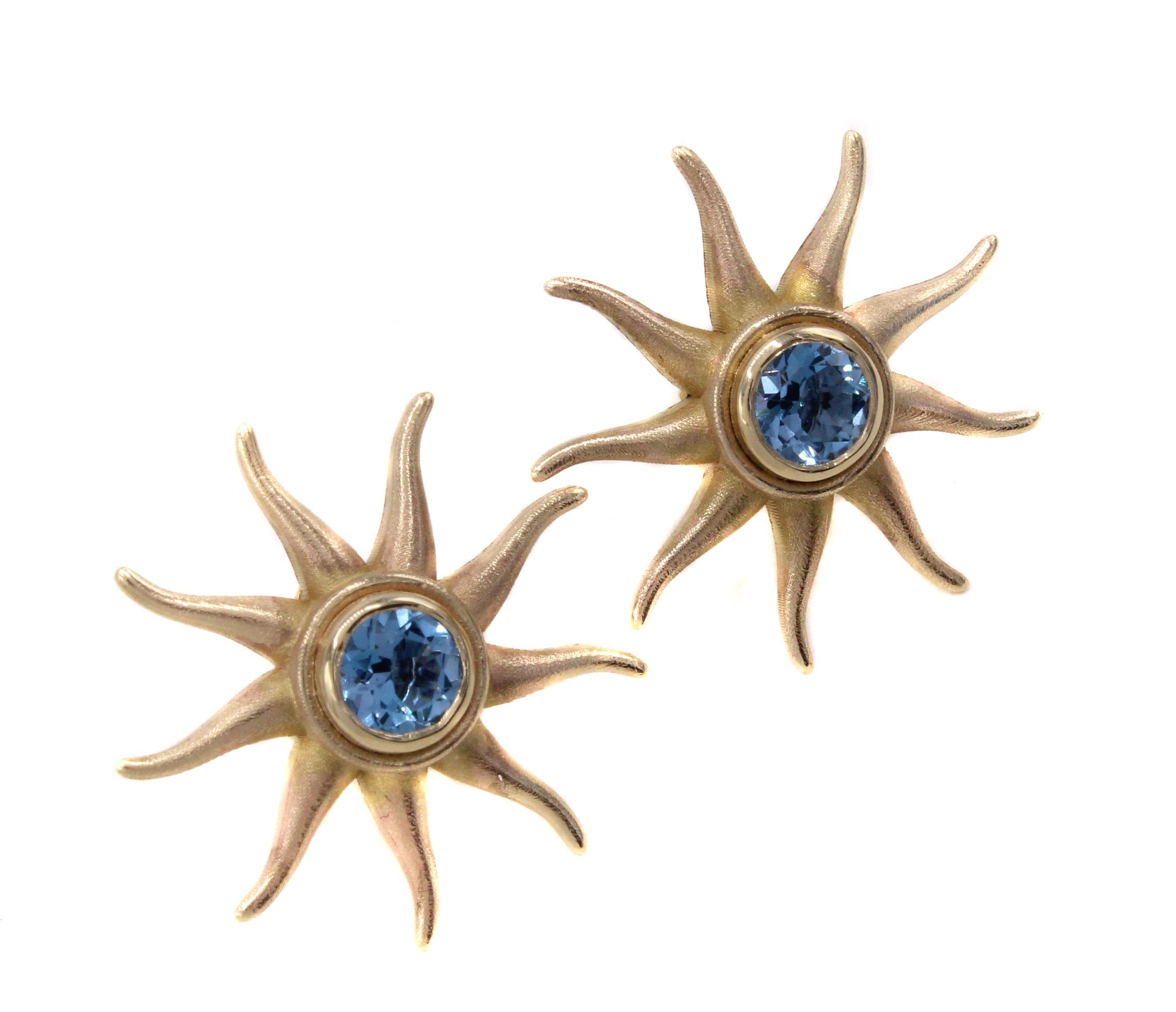 Contemporary Rive Gauche Jewelry Blue Topaz Sunburst Gold Earrings For Sale