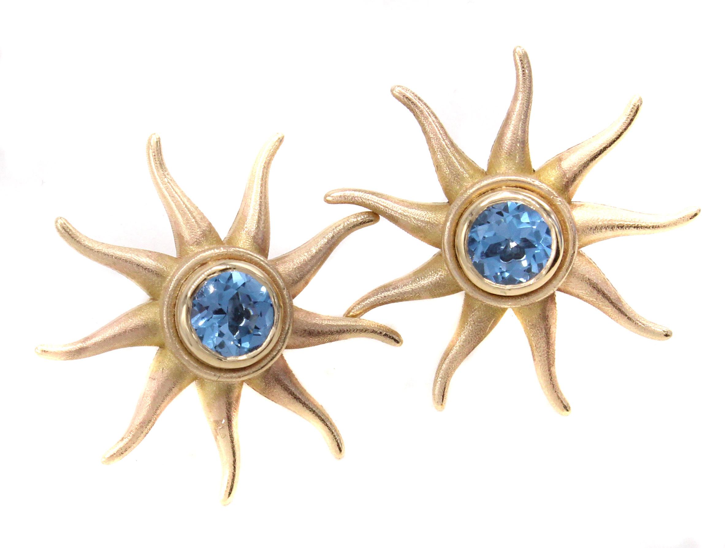 Rive Gauche Jewelry Blue Topaz Sunburst Gold Earrings For Sale
