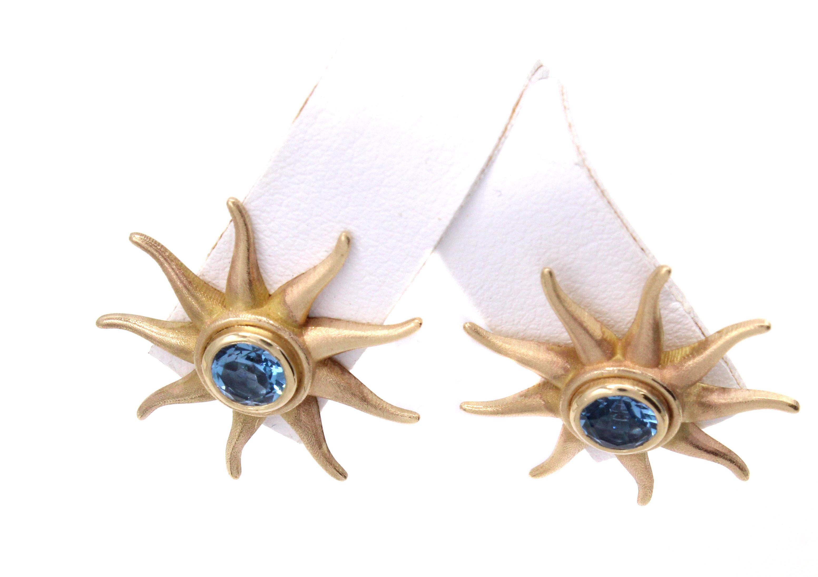 Rive Gauche Jewelry Blue Topaz Sunburst Gold Earrings In New Condition For Sale In New York, NY