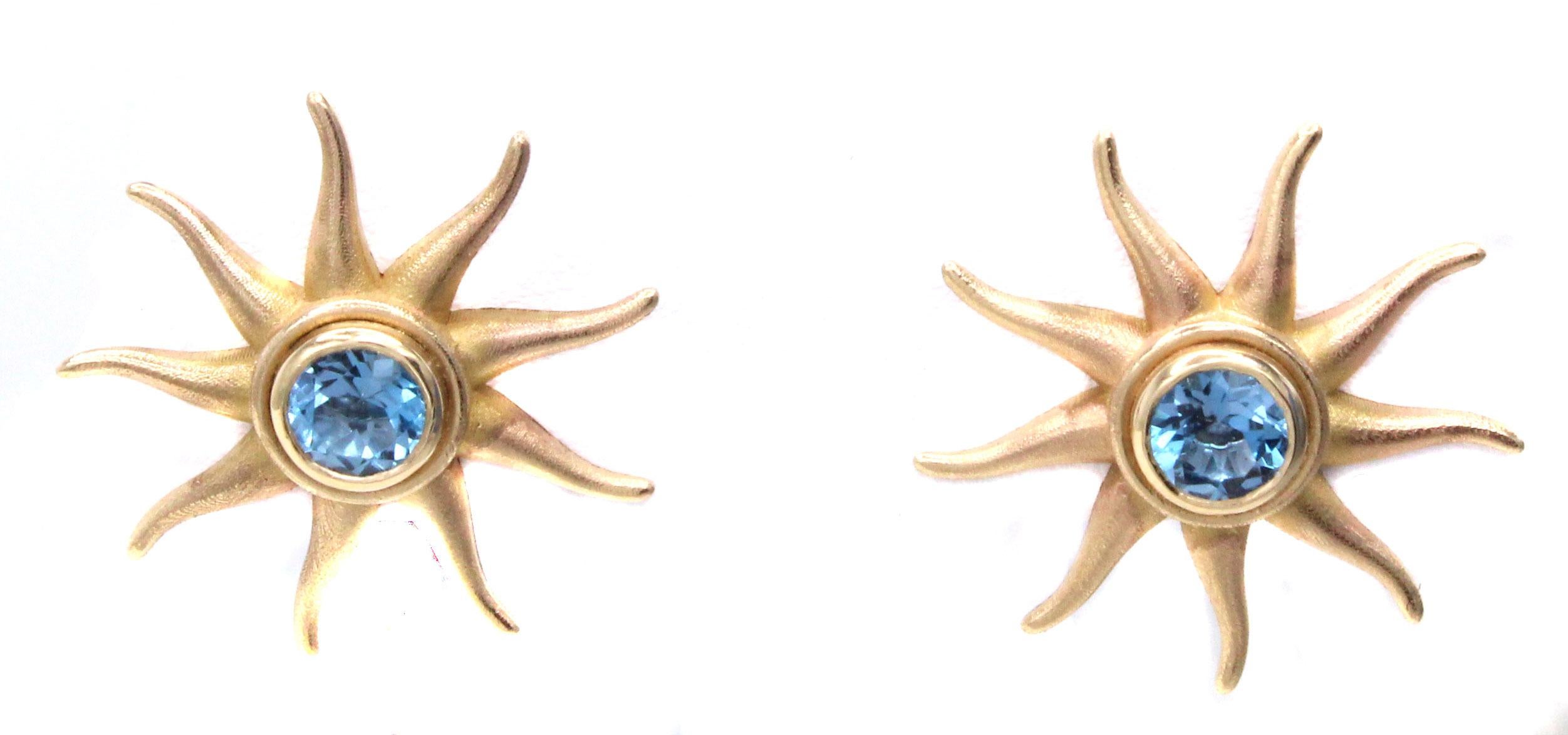 Rive Gauche Jewelry Blue Topaz Sunburst Gold Earrings For Sale 1