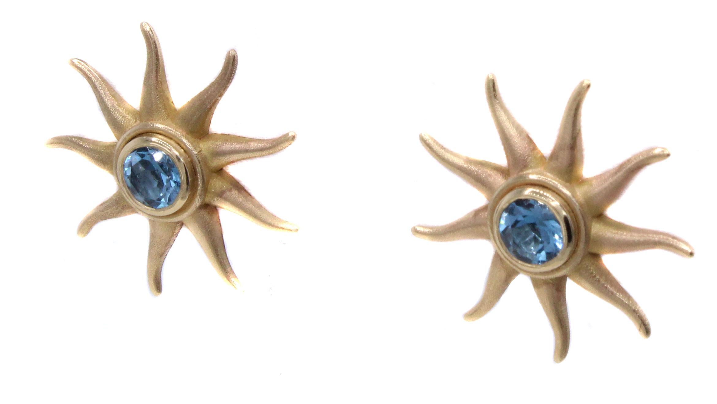 Rive Gauche Jewelry Blue Topaz Sunburst Gold Earrings For Sale 2