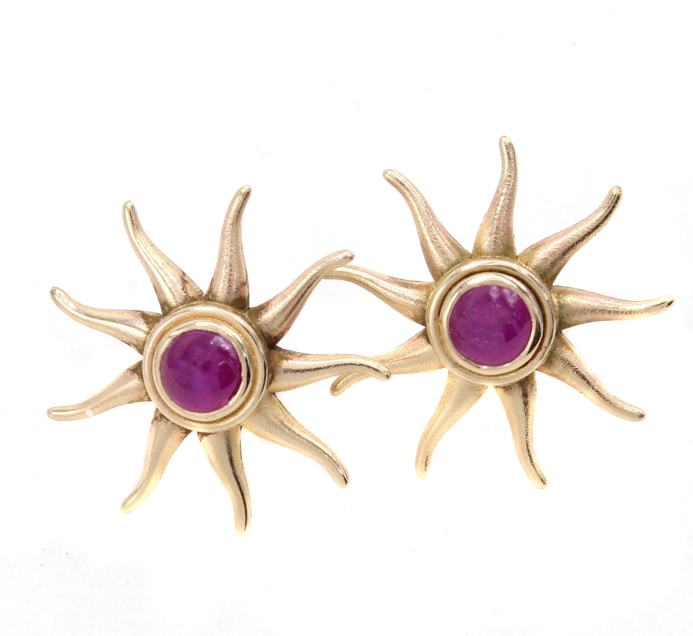 Cabochon Rive Gauche Jewelry Ruby Gold Sunburst Earrings For Sale