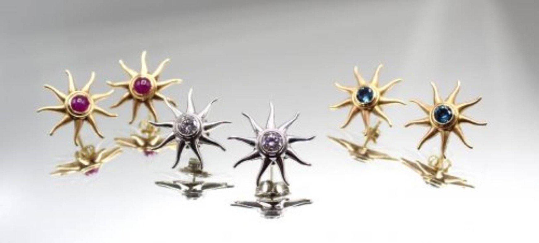 Rive Gauche Jewelry Ruby Gold Sunburst Earrings In New Condition For Sale In New York, NY