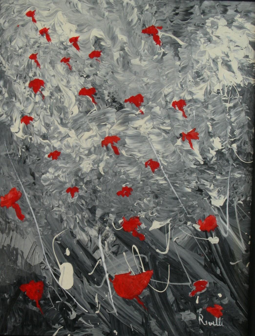 Vintage Grey White Red Abstract Poppies Landscape - Painting by Rivelli