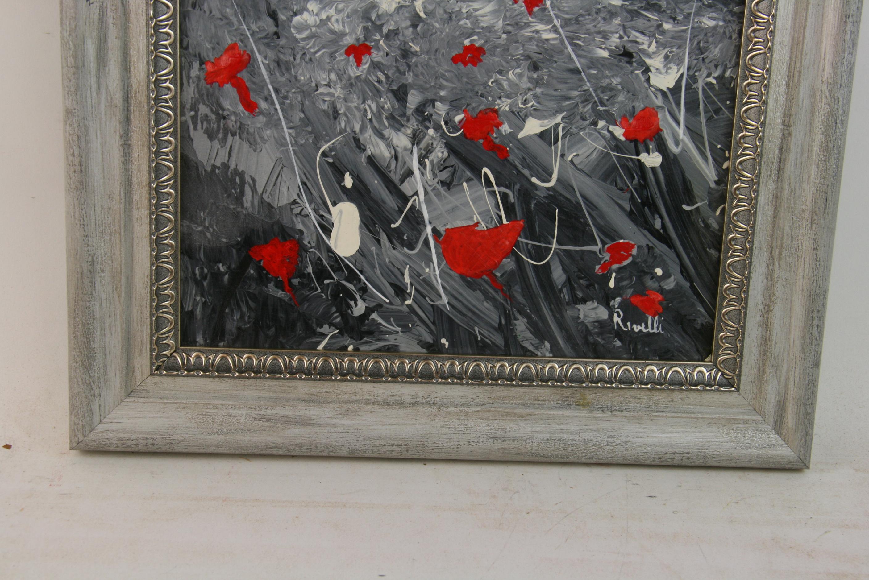 Vintage Grey White Red Abstract Poppies Landscape For Sale 1