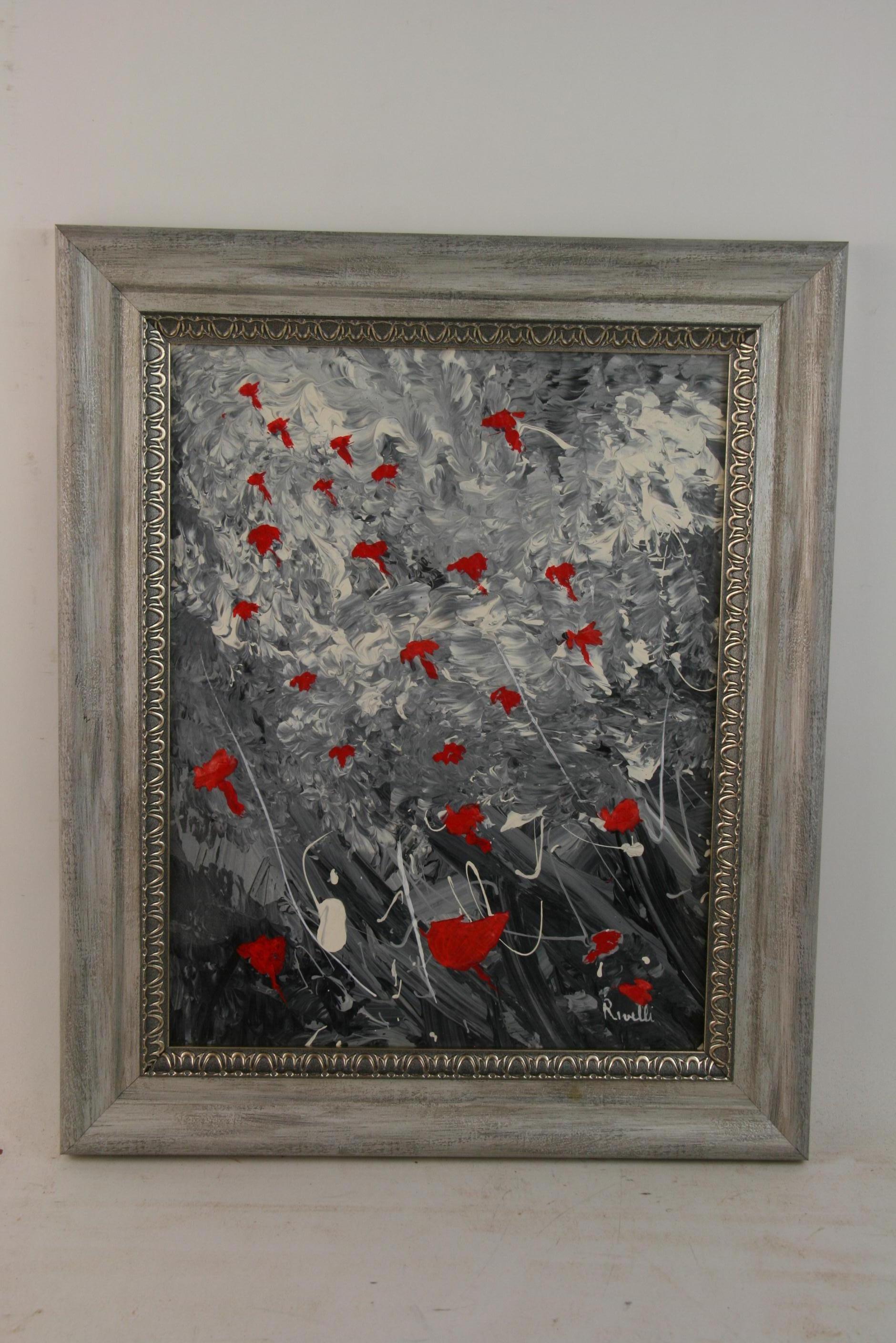 Rivelli Landscape Painting - Vintage Grey White Red Abstract Poppies Landscape