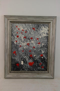 Vintage Grey White Red Abstract Poppies Landscape