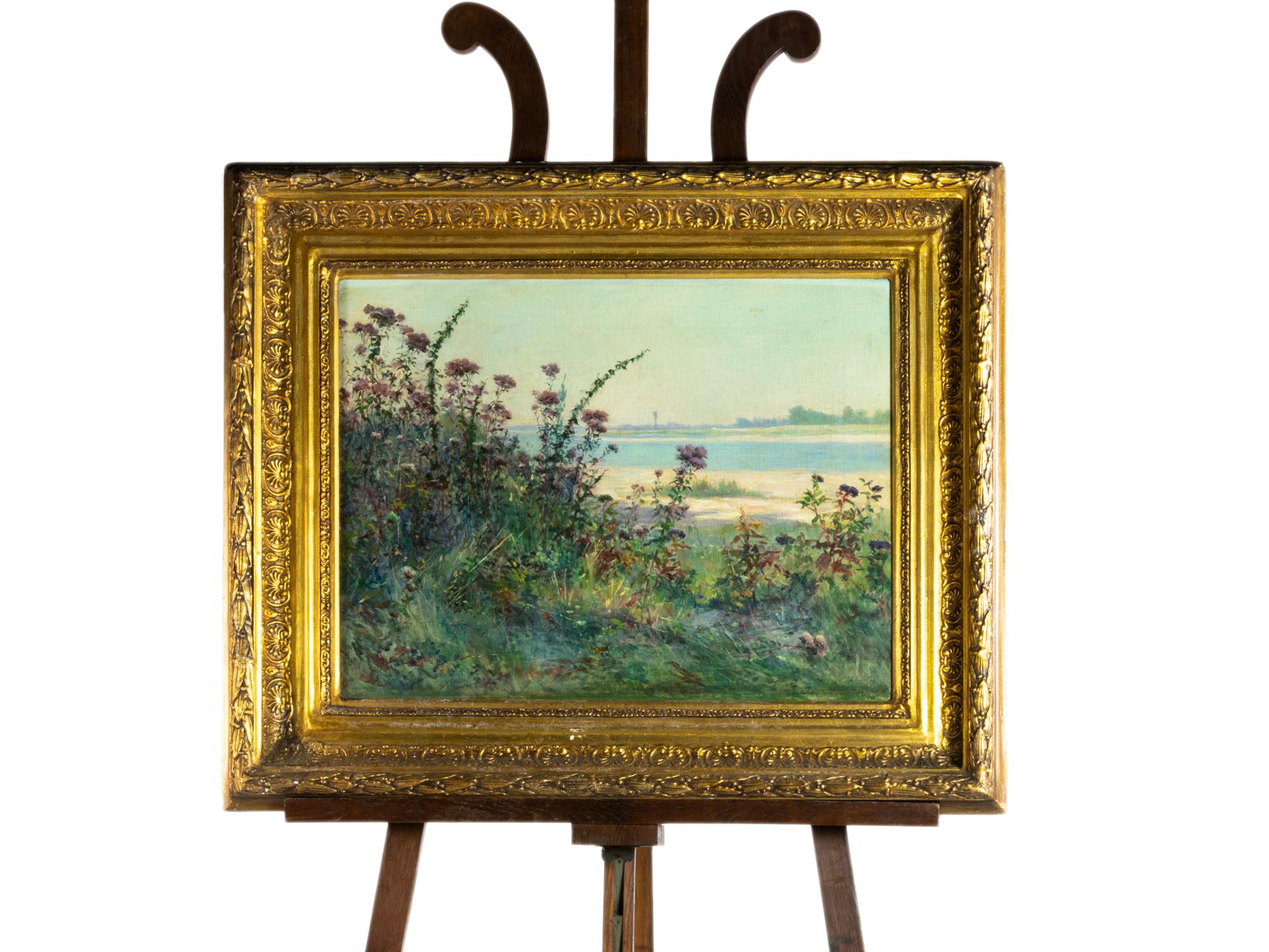 A 19th Century river shore oil painting, transitioning from the a Barbizon School to the Impressionist Style, with wild flowers and sand in a low angle.  A well conserved painting by Auguste Michel Nobillet of the style of Emile Louis Vernier, his