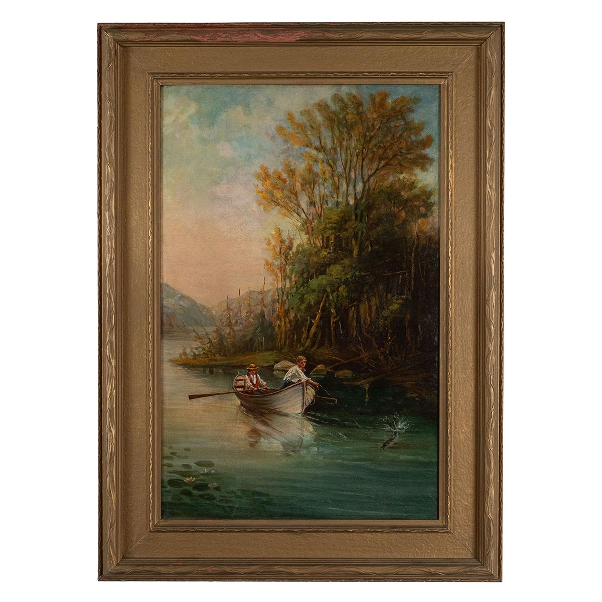 Vintage painting depicting a river boat fishing scene with weathered painted wood frame.