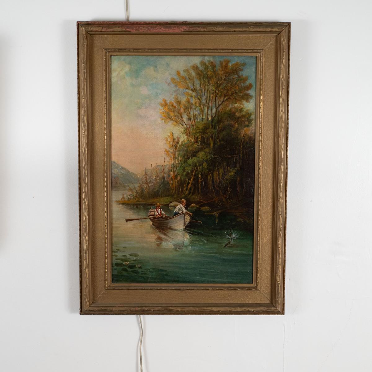 German River Boat Rustic Landscape Painting For Sale